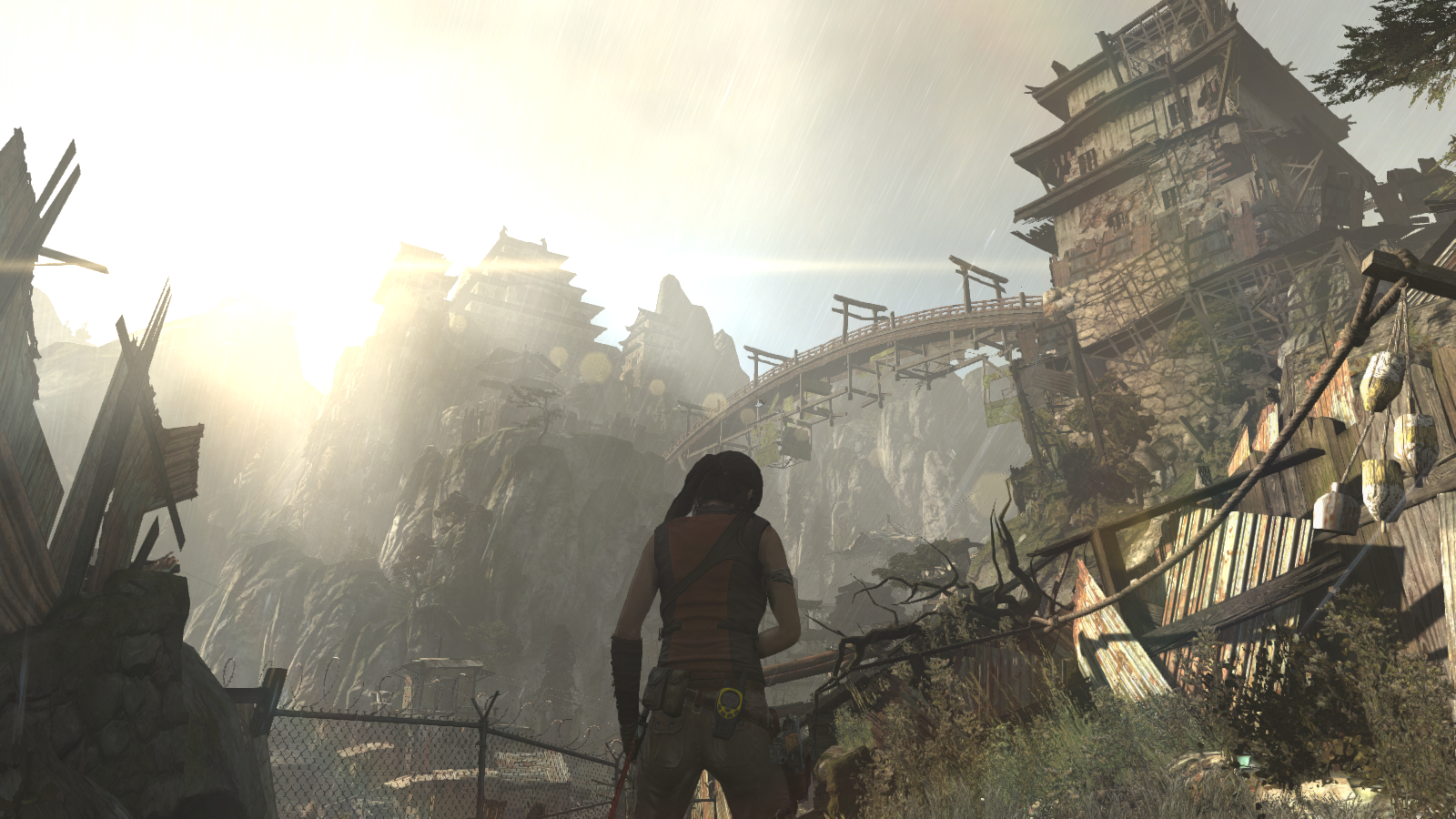 Lara Croft from Tomb Raider (2013) in a mountainous settlement HD Wallpaper