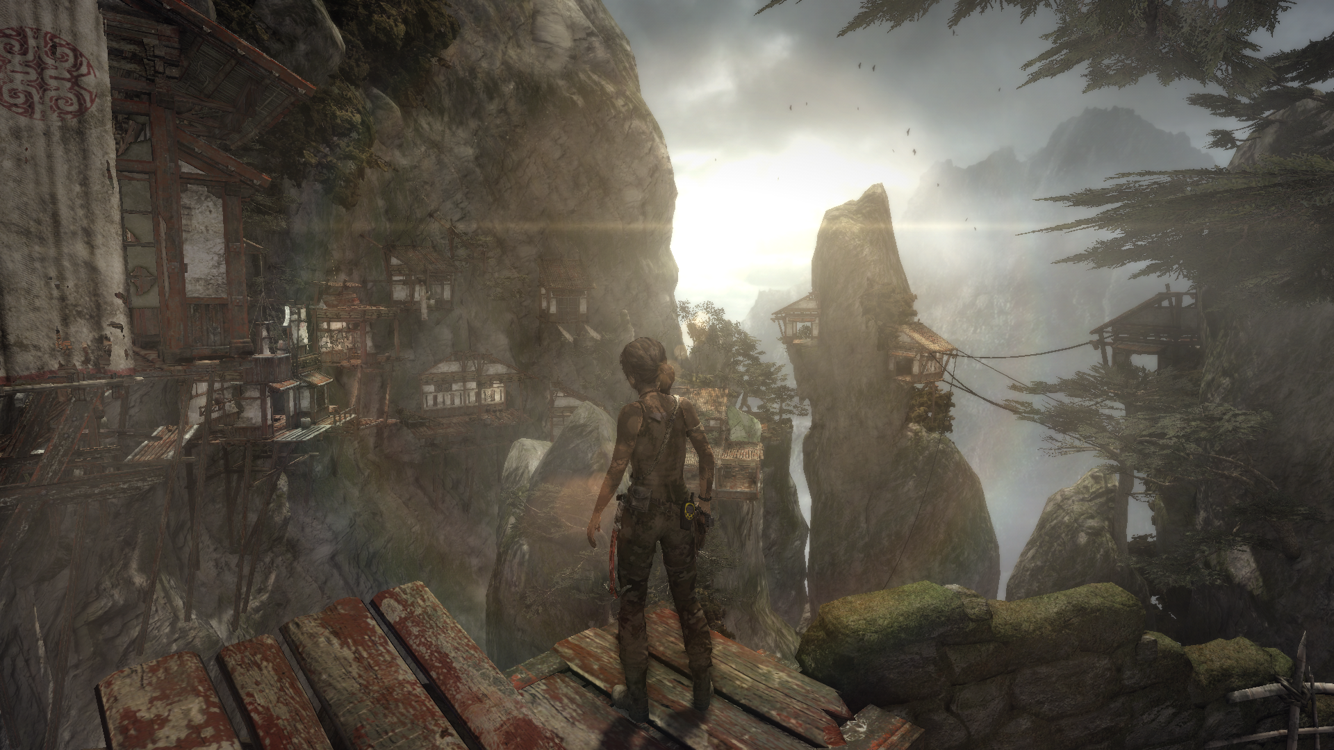 Lara Croft from Tomb Raider in a mountain village HD Wallpaper