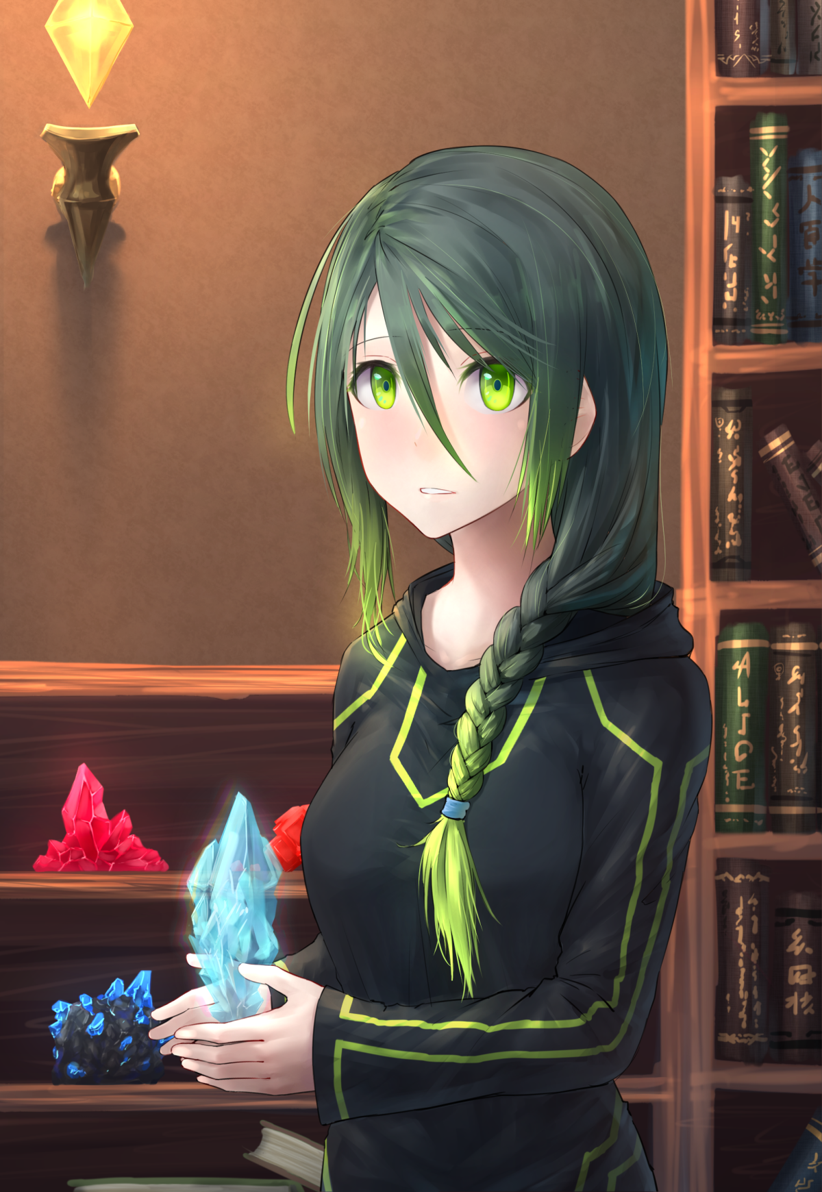 Anime girl with green hair and eyes holding crystals HD Wallpaper