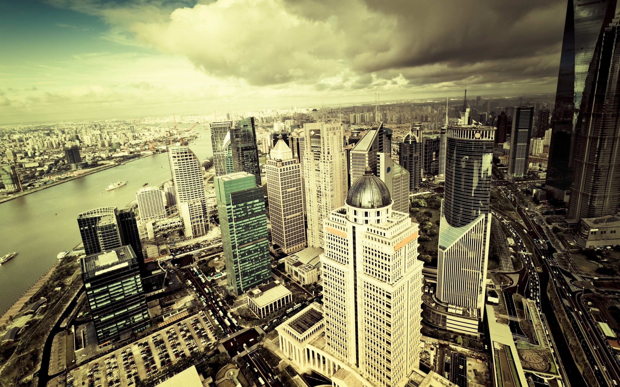 Aerial view of Lujiazui financial district skyline in Shanghai, China HD Wallpaper
