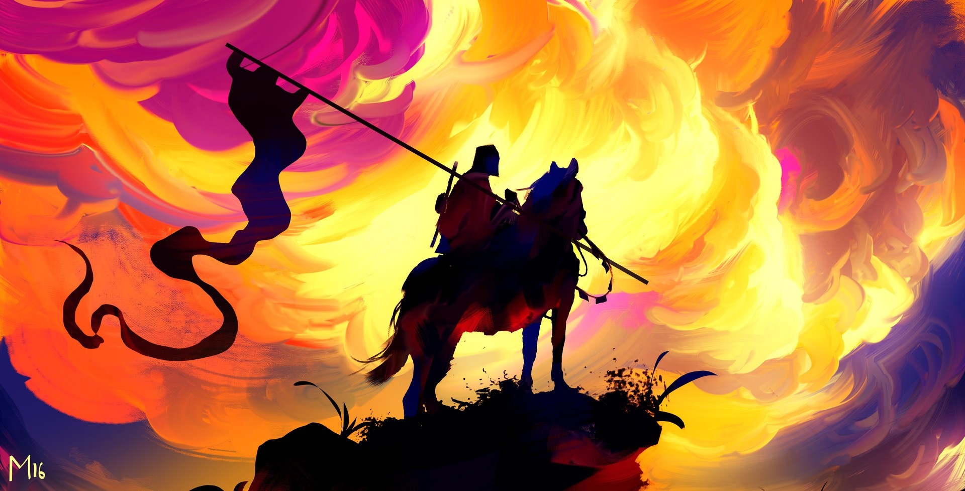 Knight on horseback with banner against fiery sky HD Wallpaper