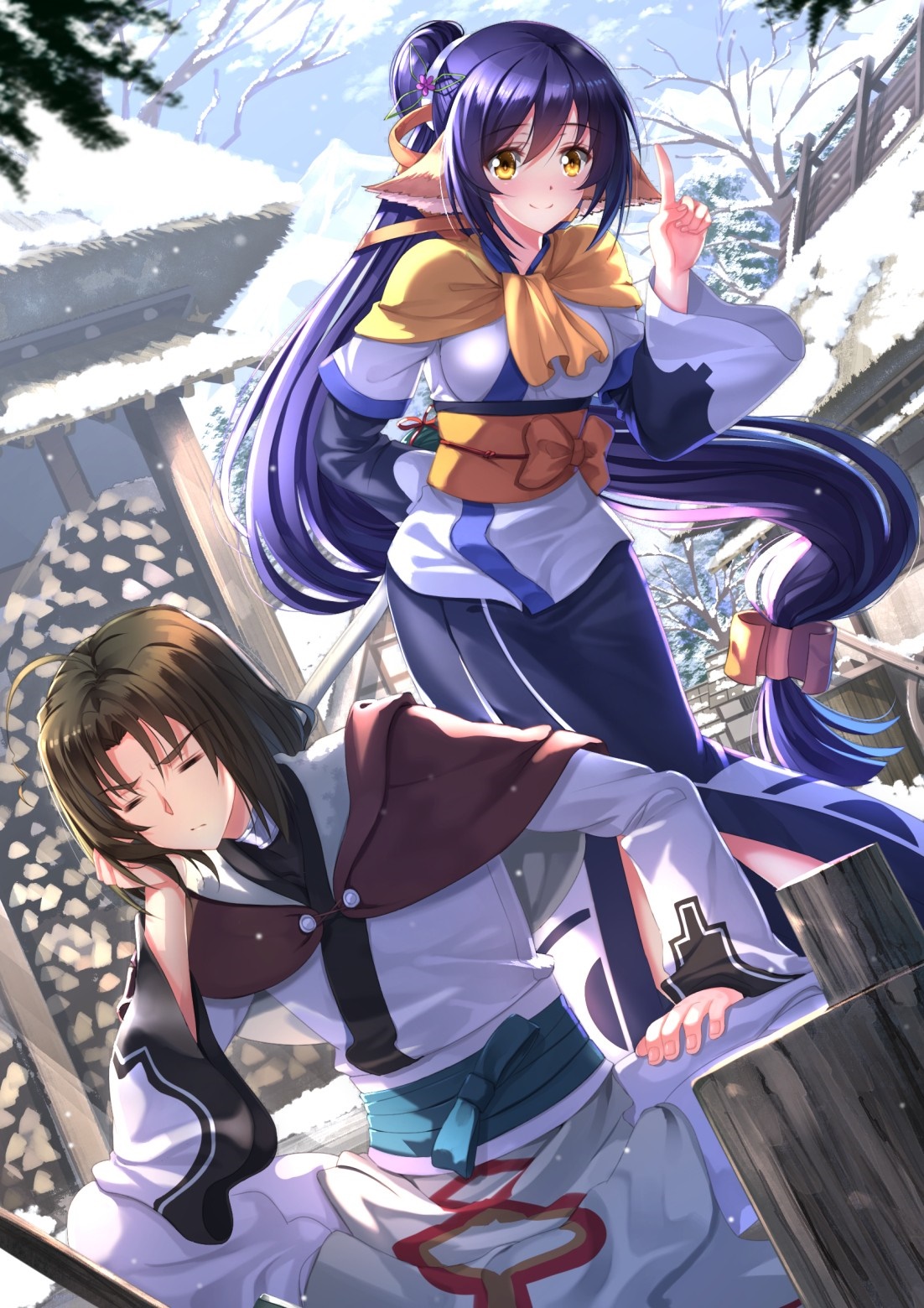 Kuon and Haku from Utawarerumono in a Snowy Village HD Wallpaper