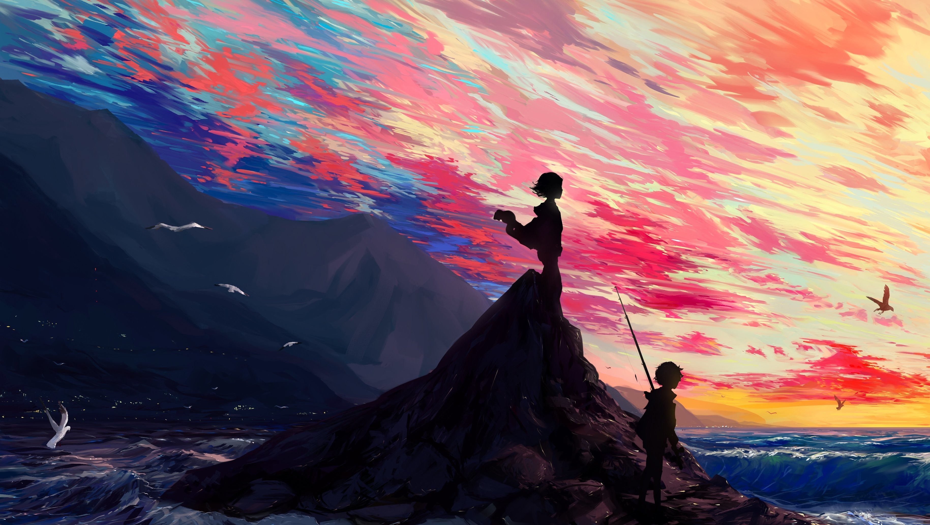 Two figures fishing on a rocky outcrop at sunset HD Wallpaper
