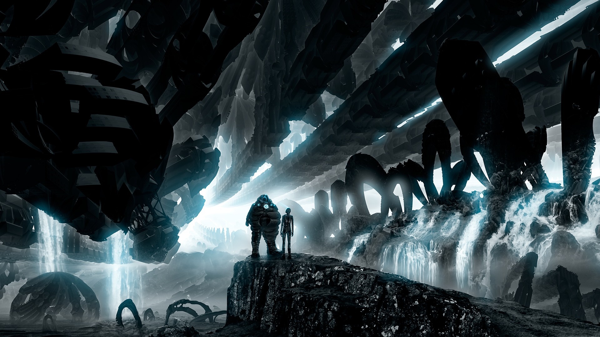 Apocalyptic Artwork with Figures in Dark Landscape HD Wallpaper