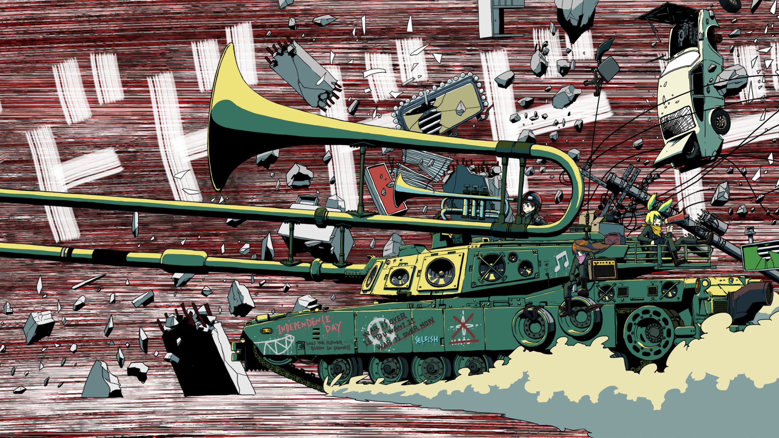 Anime characters on a tank with a trombone HD Wallpaper