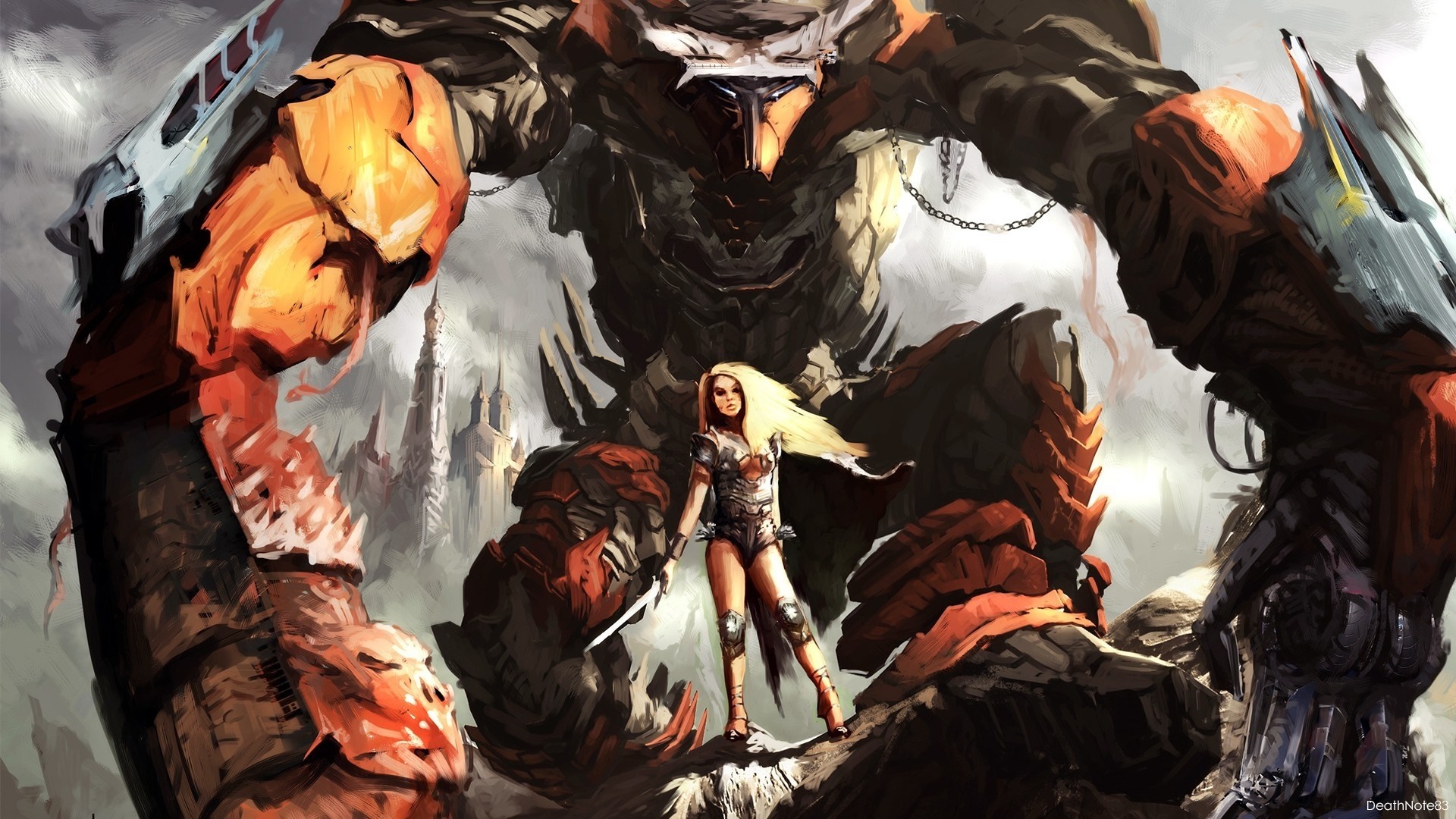 Warrior woman and giant robot in a fantasy landscape HD Wallpaper