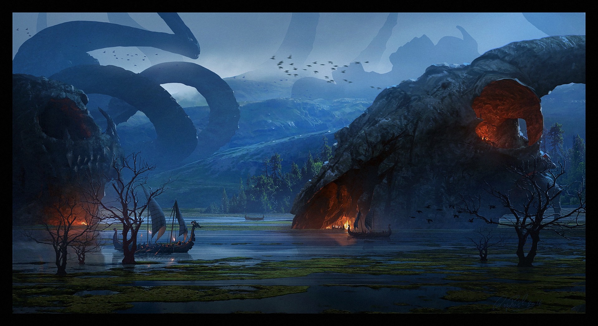 Fantasy landscape with giant tentacles and Viking ships HD Wallpaper