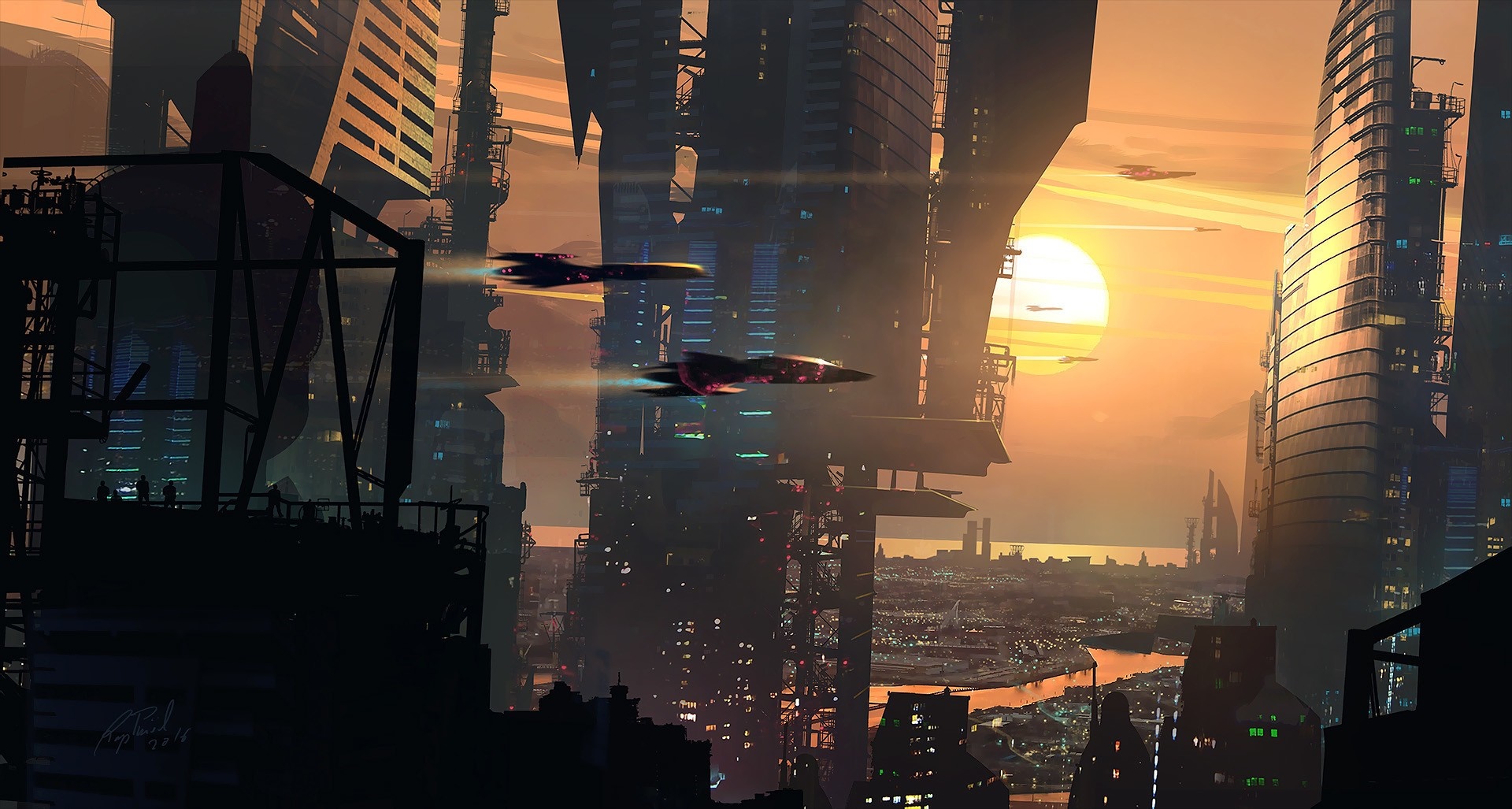 Futuristic cityscape with flying vehicles at sunset HD Wallpaper