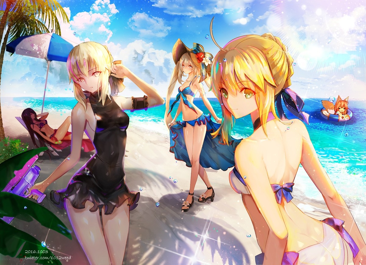 Saber and friends at the beach HD Wallpaper