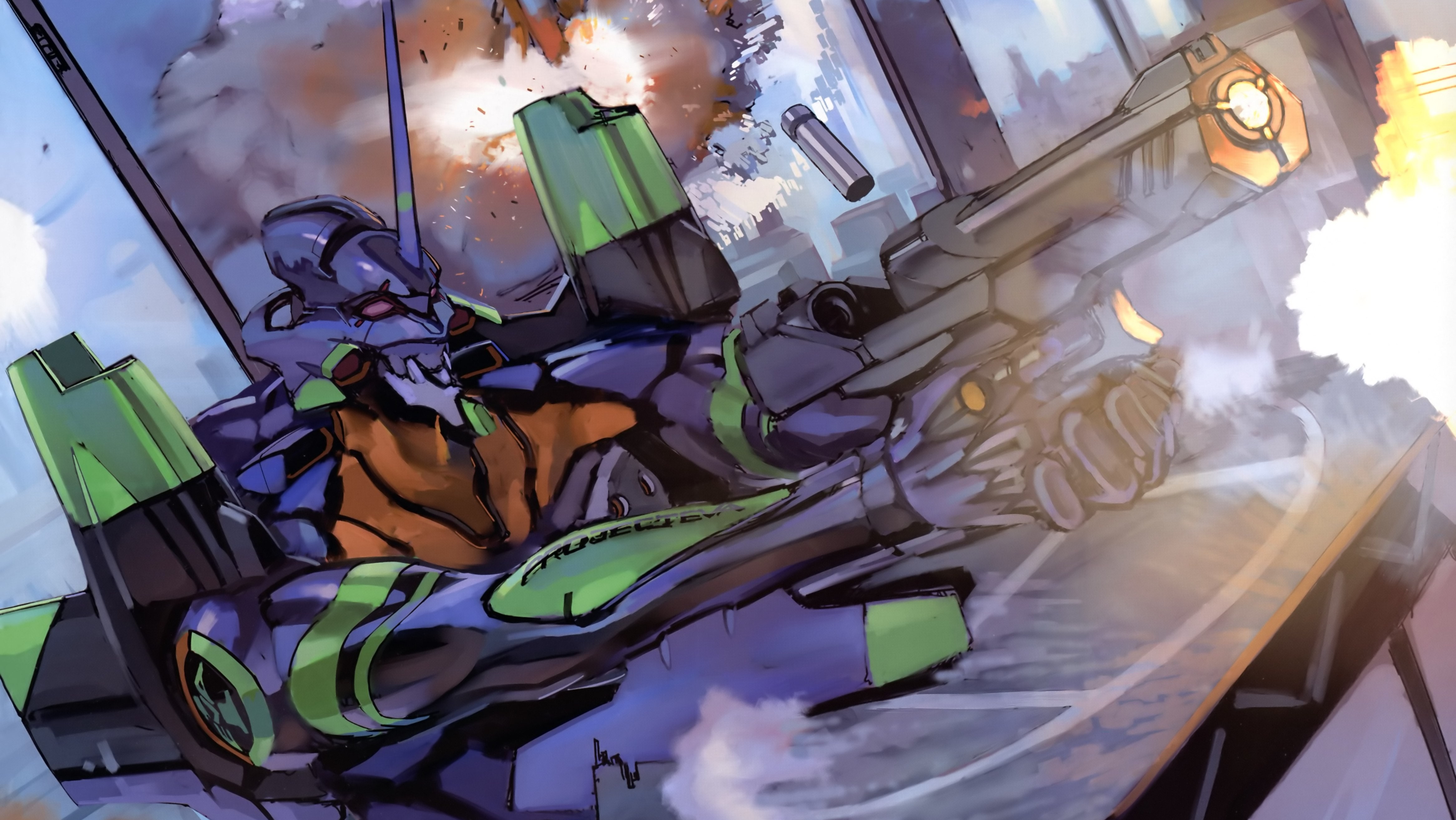 EVA Unit 01 from Neon Genesis Evangelion firing a weapon HD Wallpaper