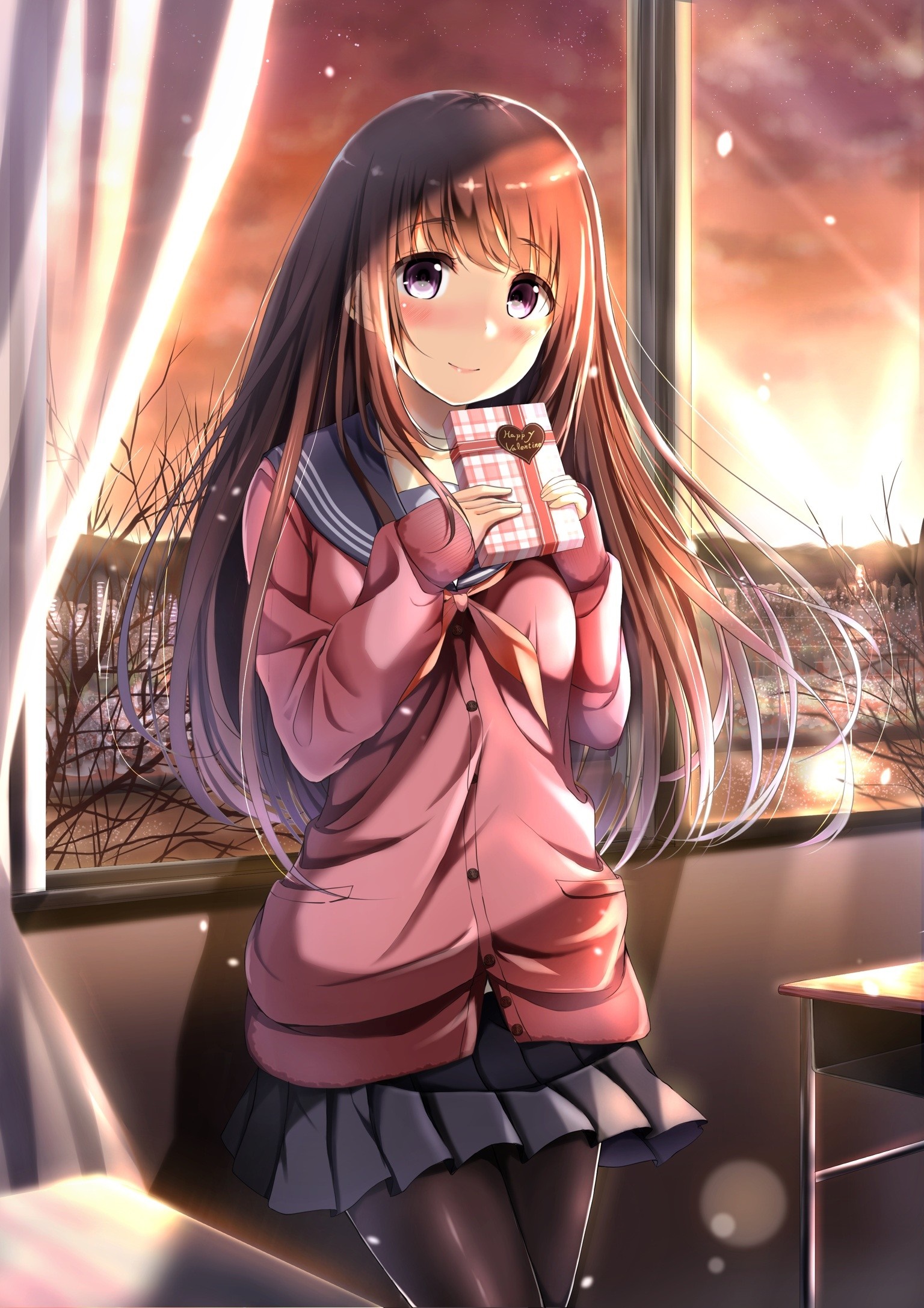 Anime girl holding a Valentine's Day gift HD Wallpaper