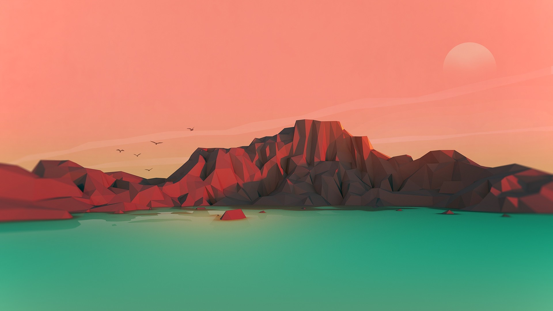 Low poly mountains by the sea at sunset HD Wallpaper