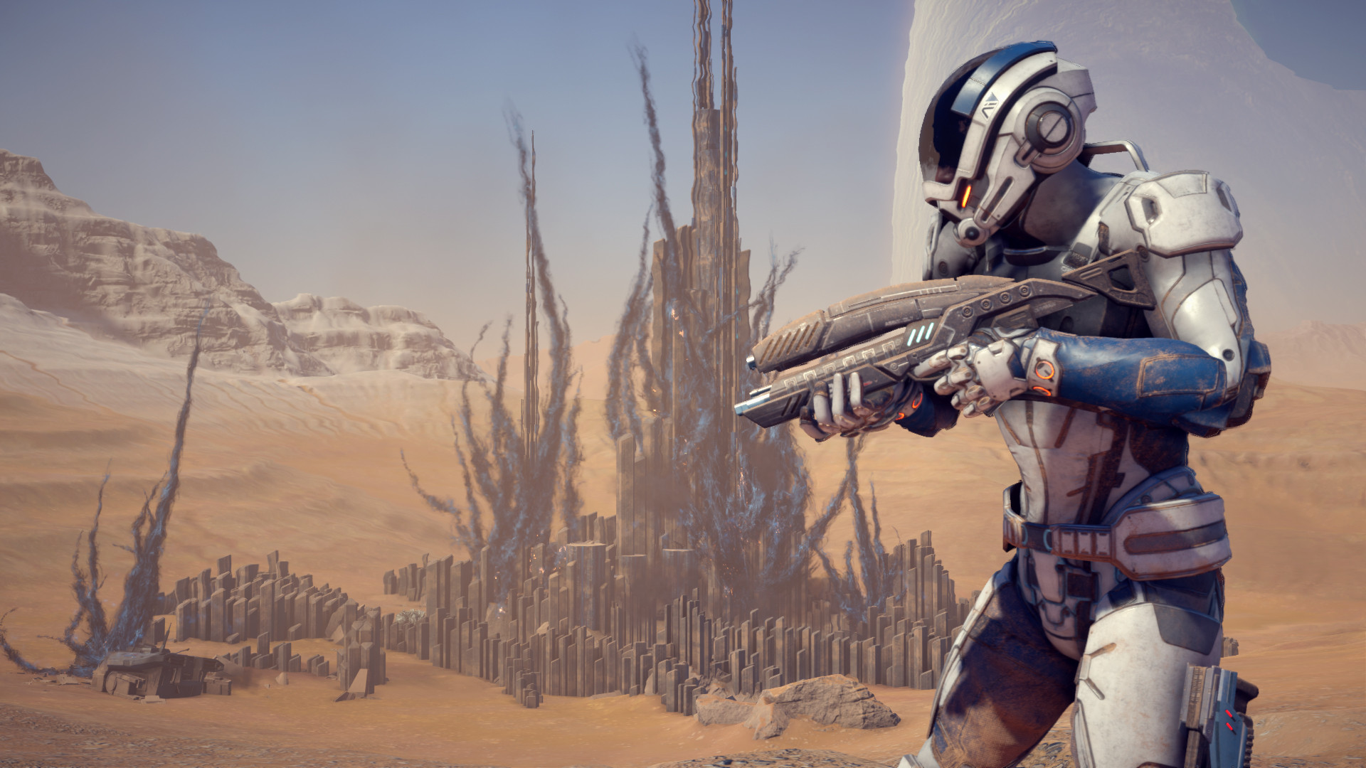 Soldier from Mass Effect Andromeda on a desert planet HD Wallpaper
