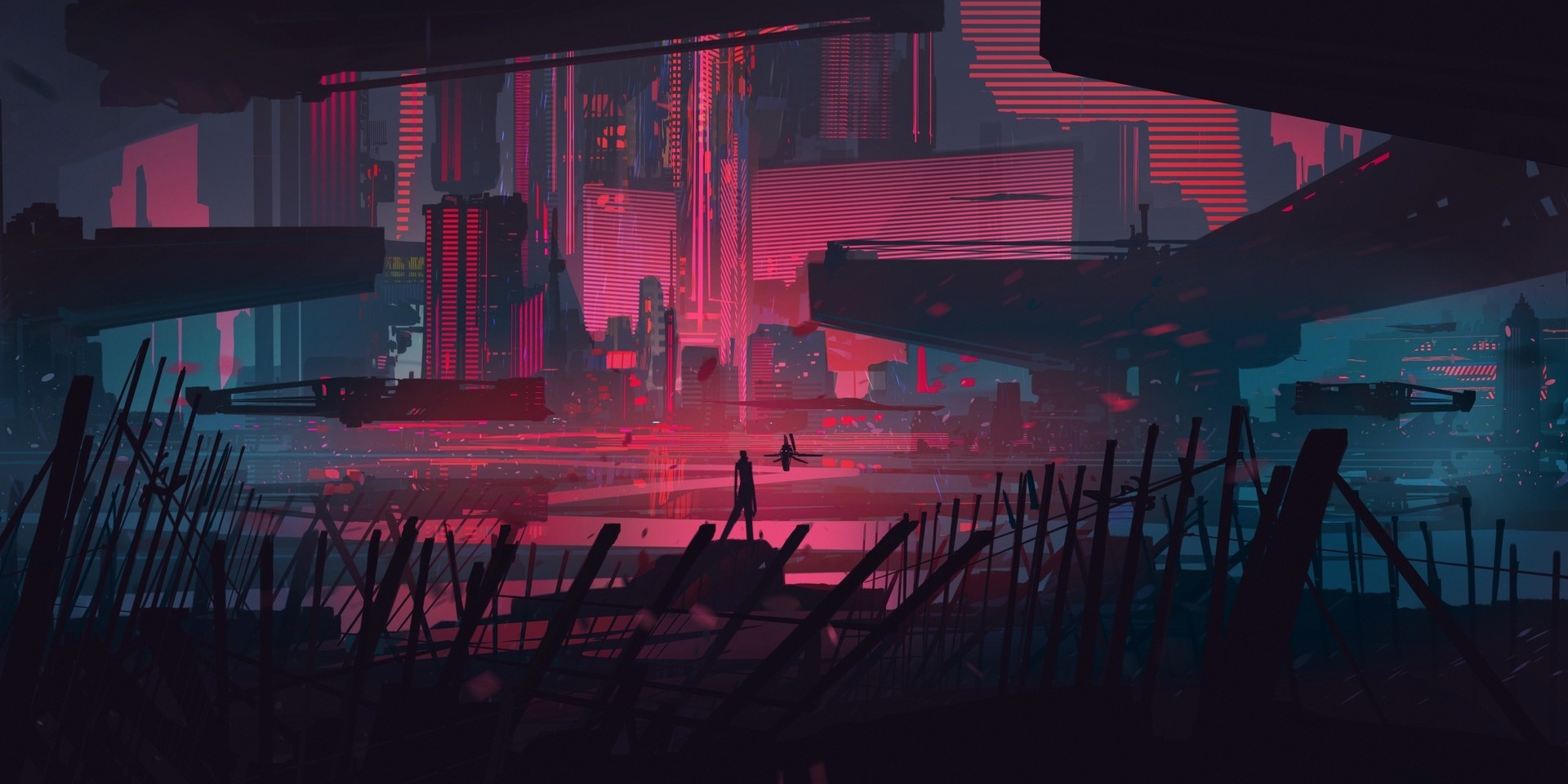 Cyberpunk cityscape with flying vehicles and a lone figure HD Wallpaper
