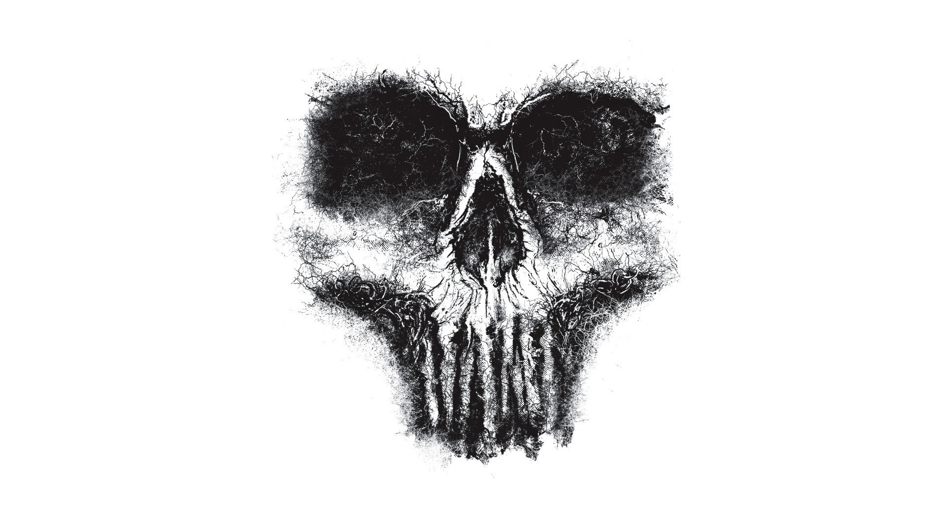 Monochrome illustration of a skull with organic elements HD Wallpaper