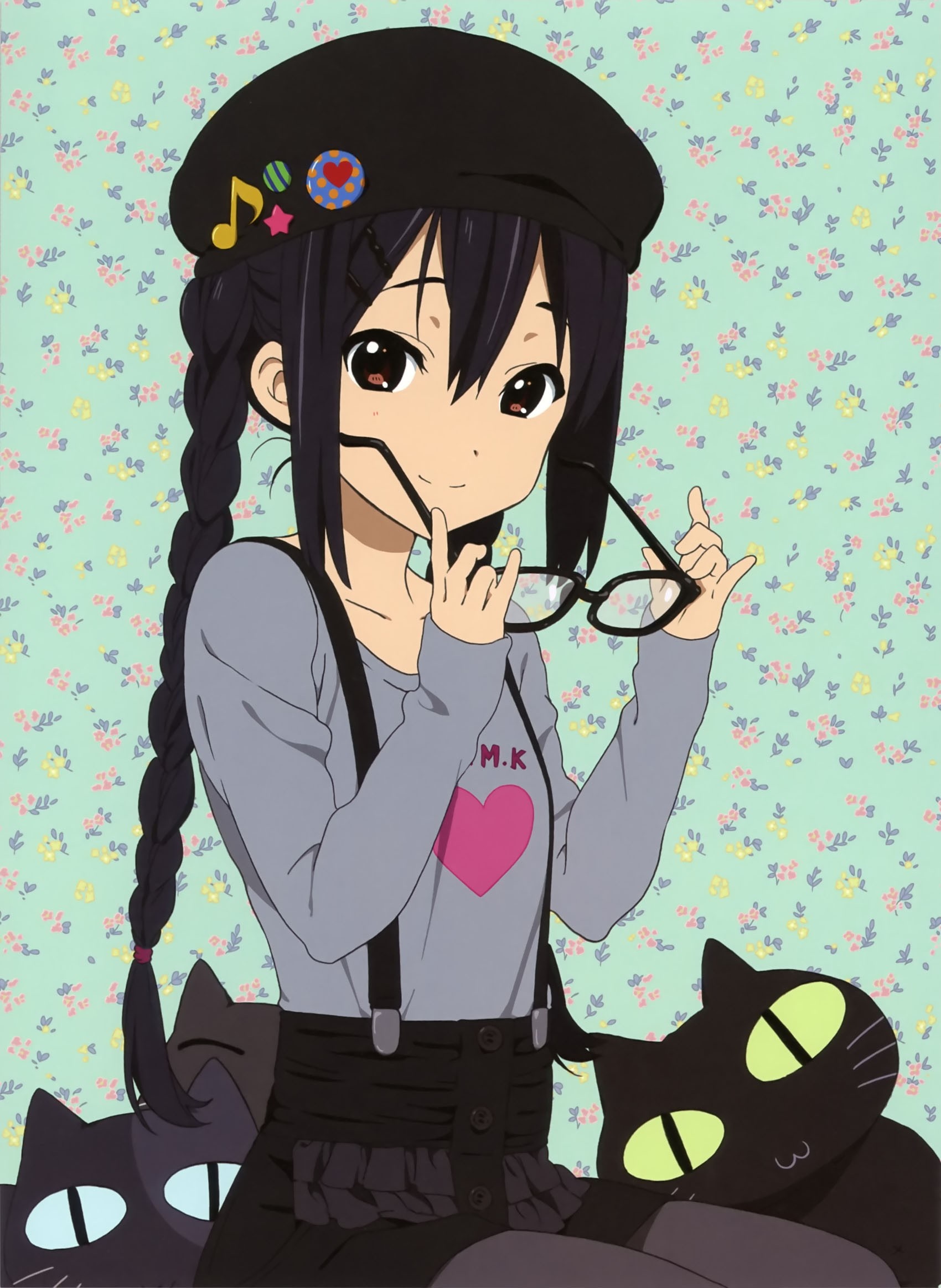 Nakano Azusa from K-On! with cats HD Wallpaper