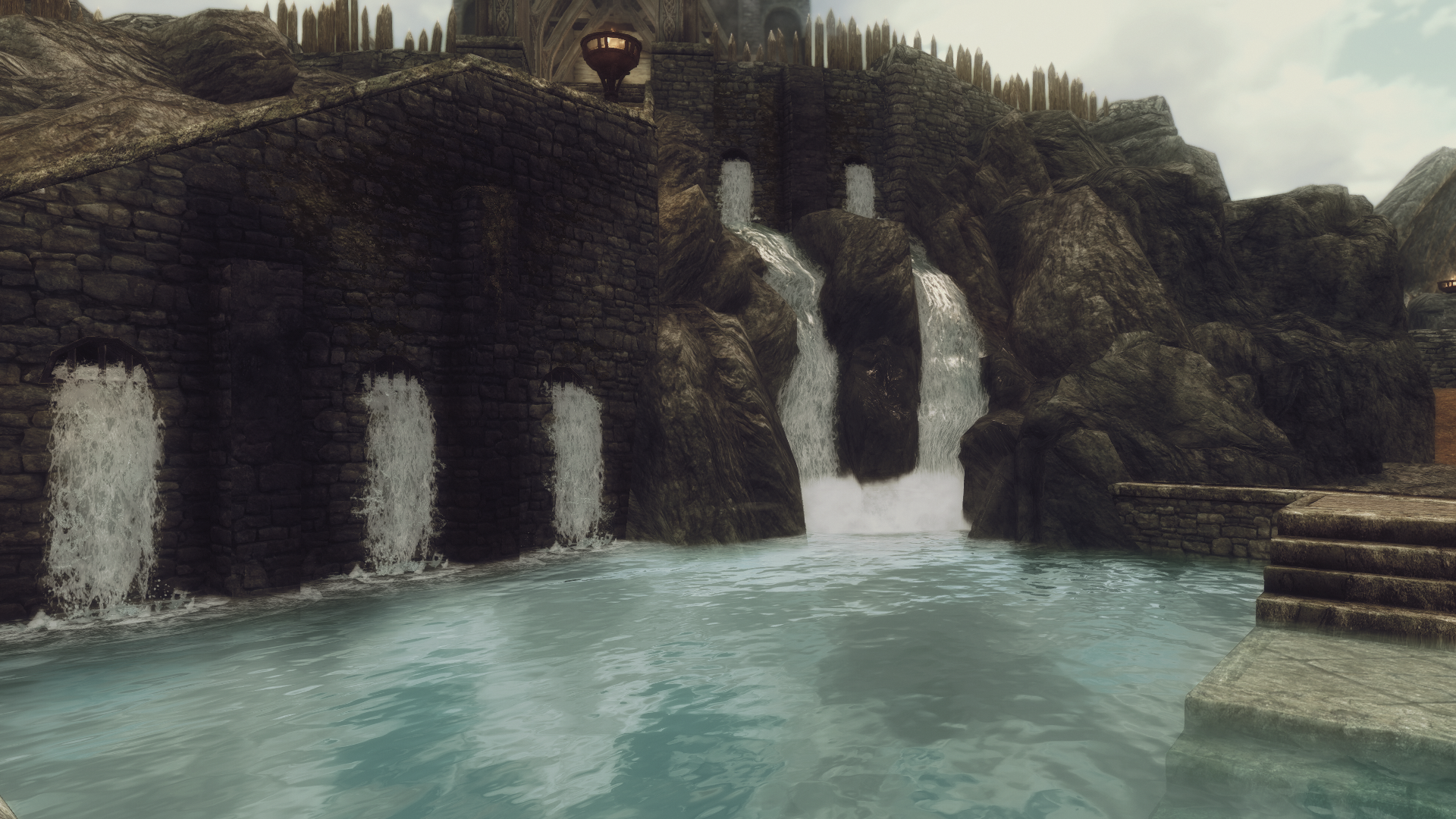 Waterfalls flowing into a pool in The Elder Scrolls V Skyrim HD Wallpaper