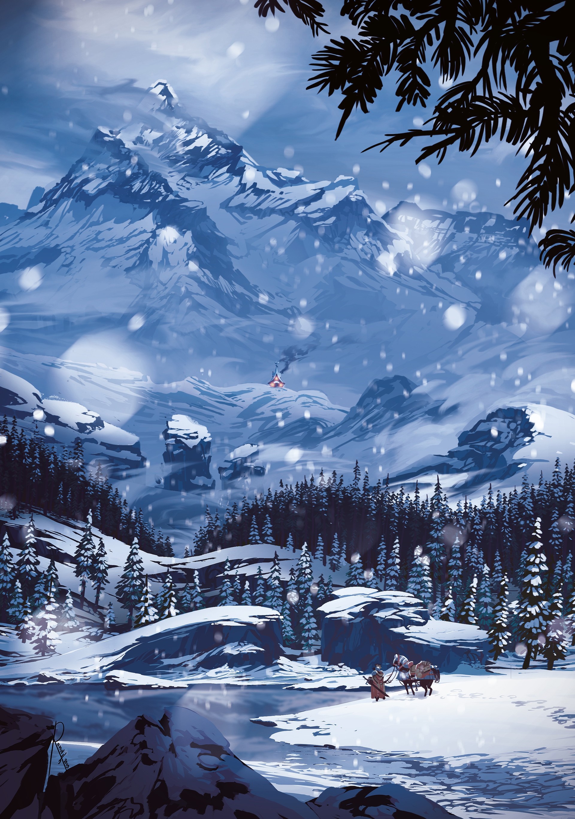 Snowy mountain landscape with a lone traveler and horse HD Wallpaper