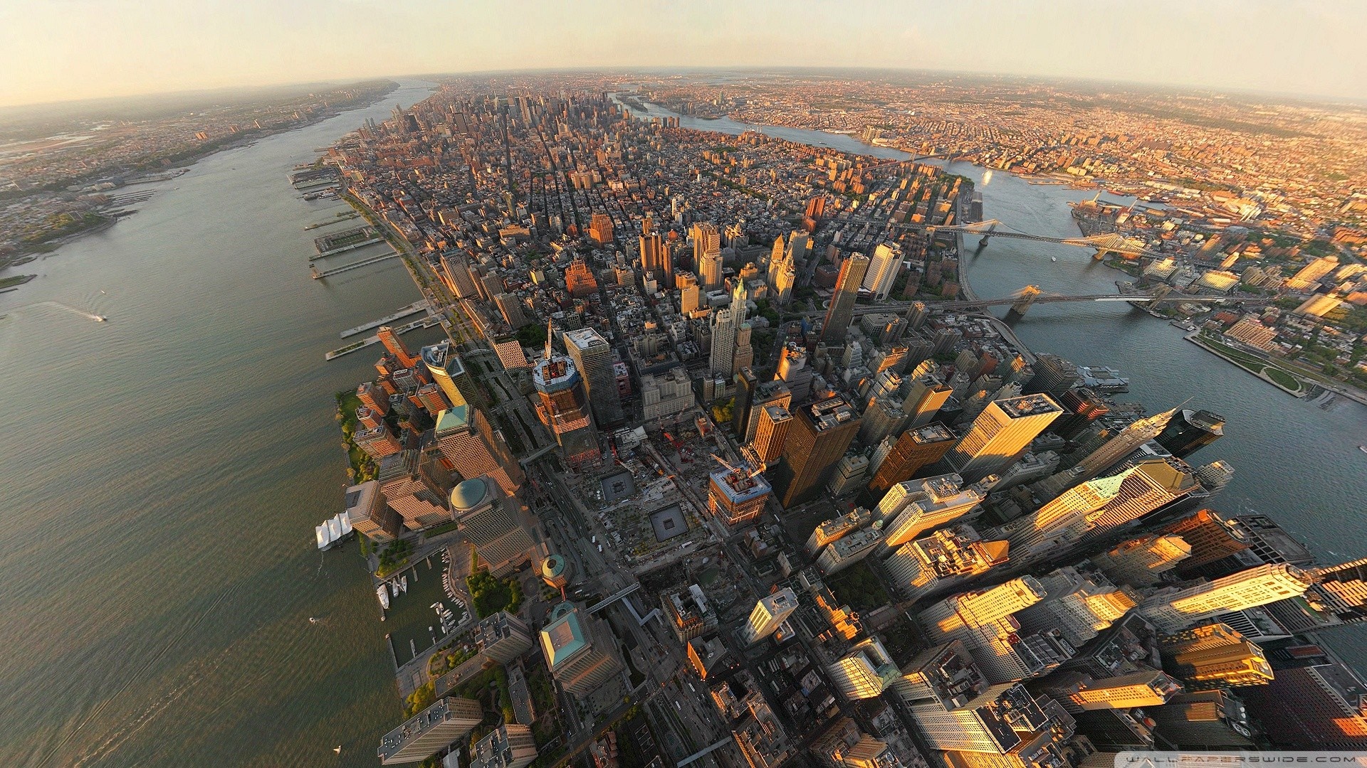 Aerial view of New York City skyline and rivers HD Wallpaper