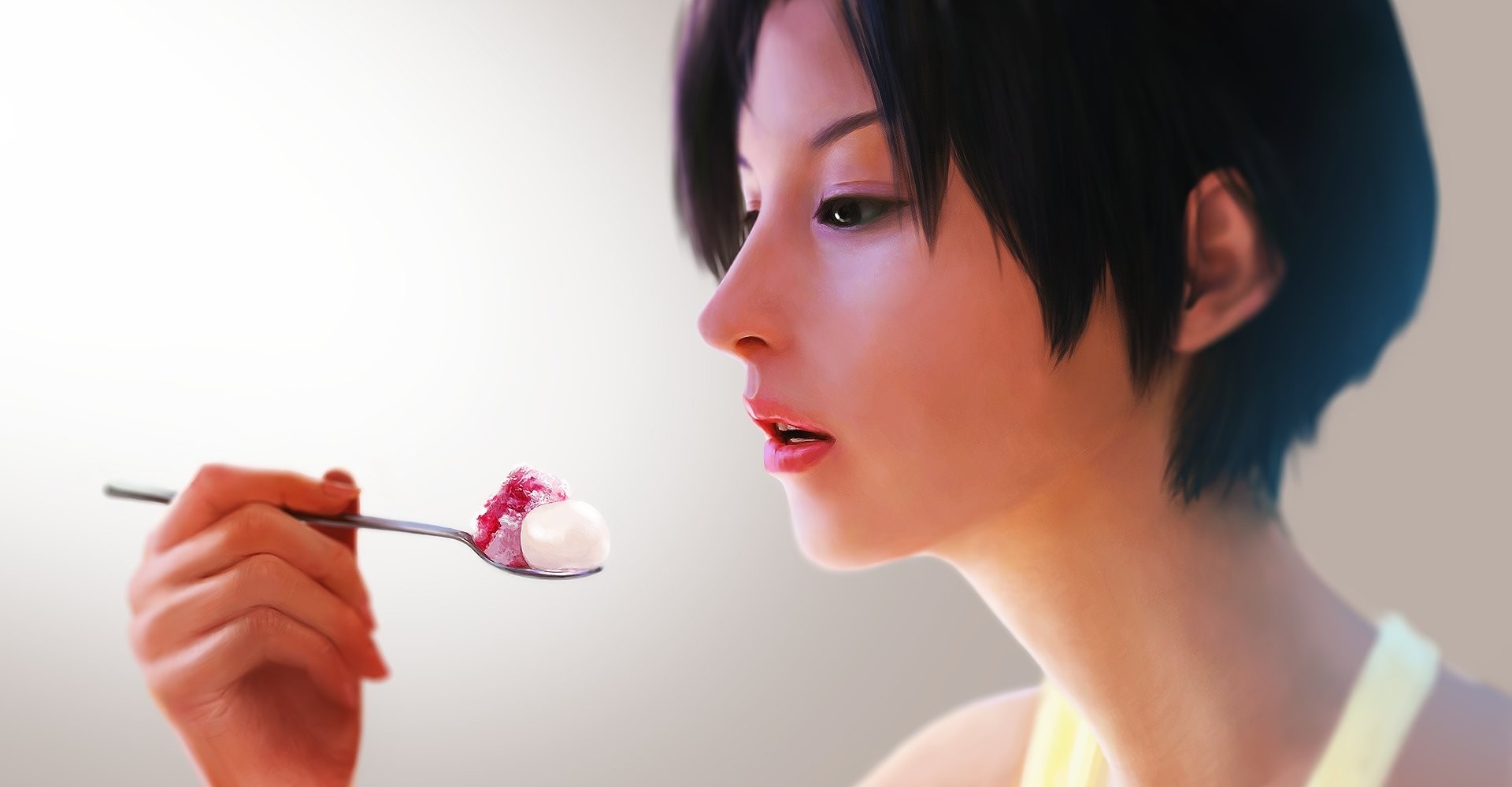 Woman eating shaved ice with a spoon HD Wallpaper