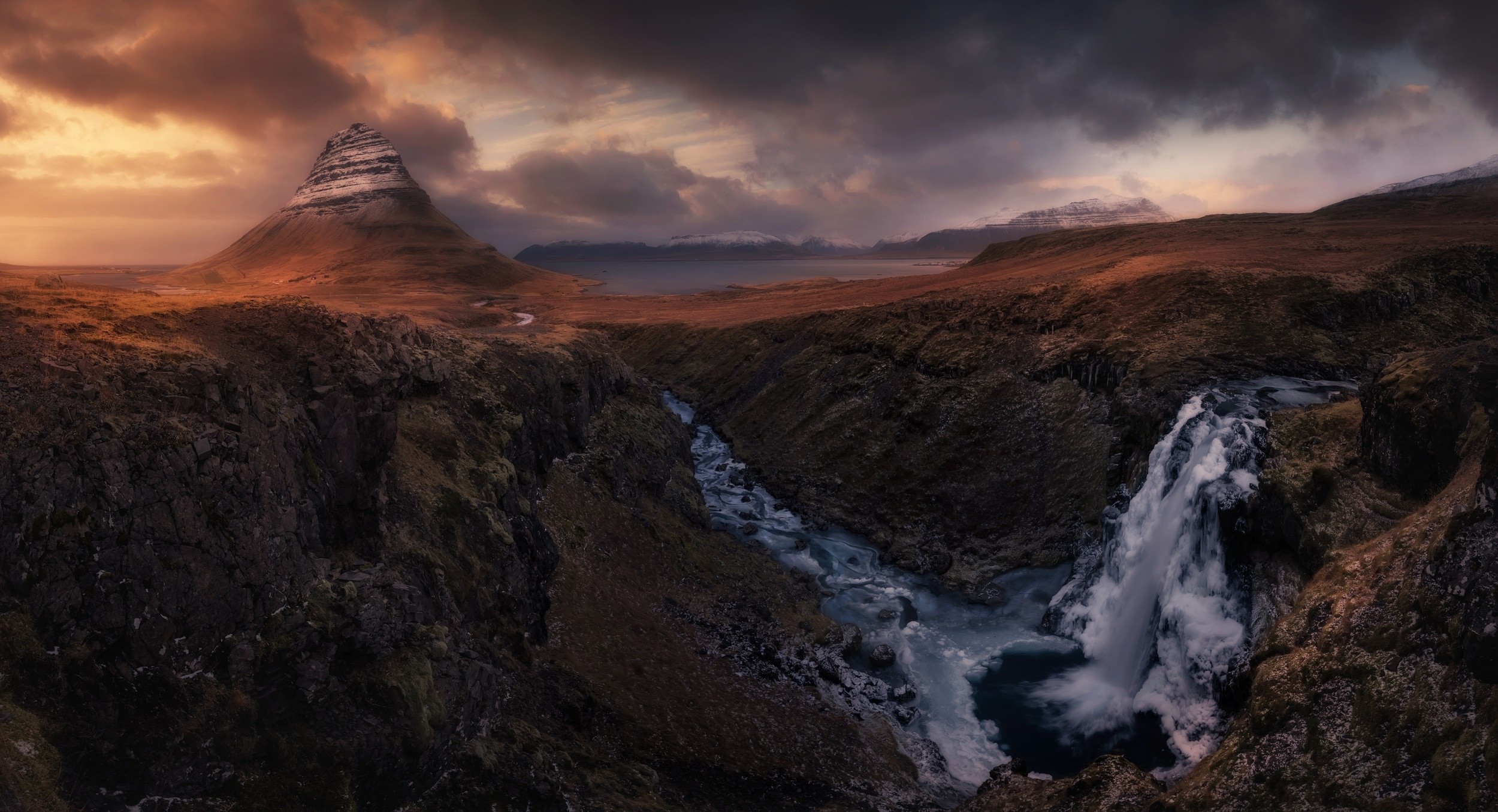 Kirkjufell mountain and waterfall in Iceland at sunset HD Wallpaper