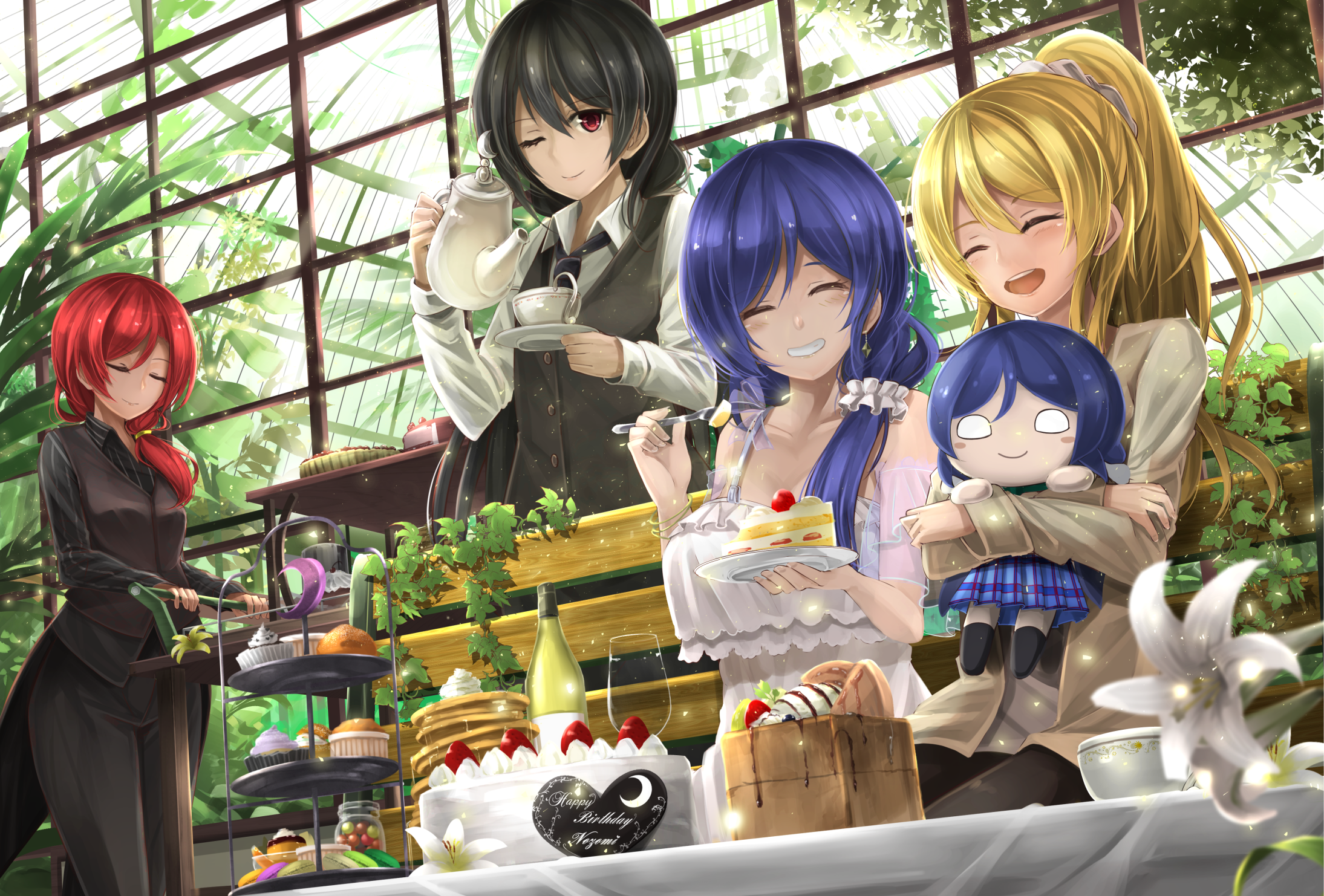 Anime characters celebrating a birthday with cake and tea HD Wallpaper