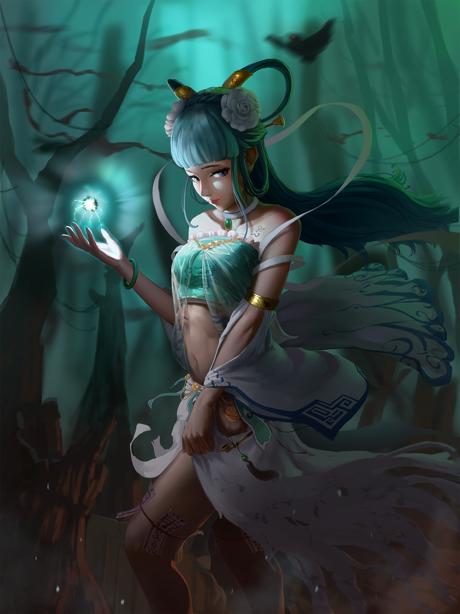Anime girl with aqua hair holding a glowing orb in a forest HD Wallpaper