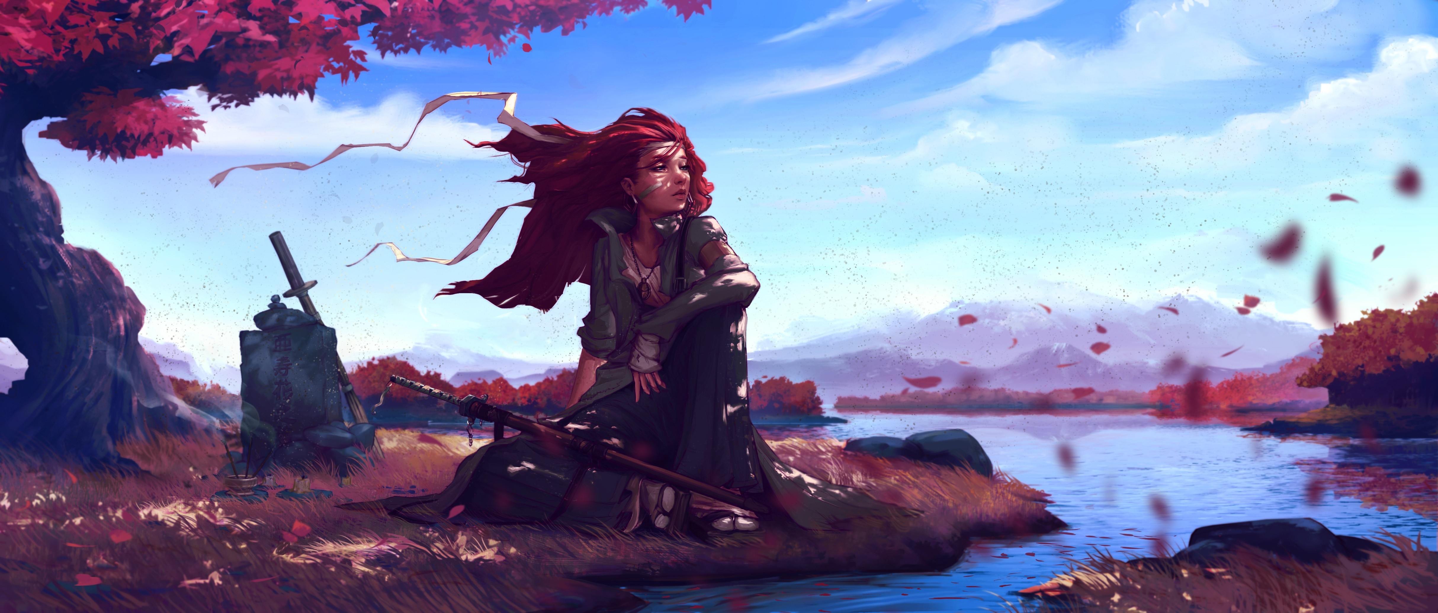 Redhead woman with sword by a lake HD Wallpaper