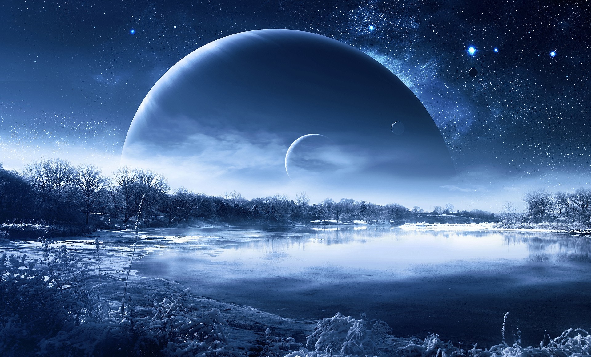 Night sky with planets over a snowy landscape and lake HD Wallpaper