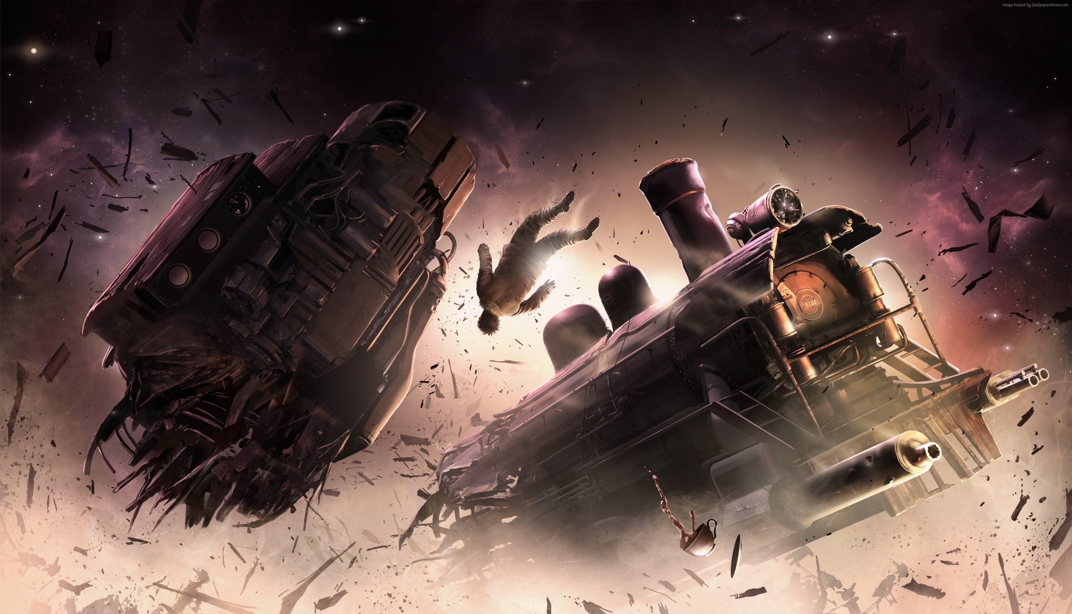 Train and spaceship wreckage in space HD Wallpaper