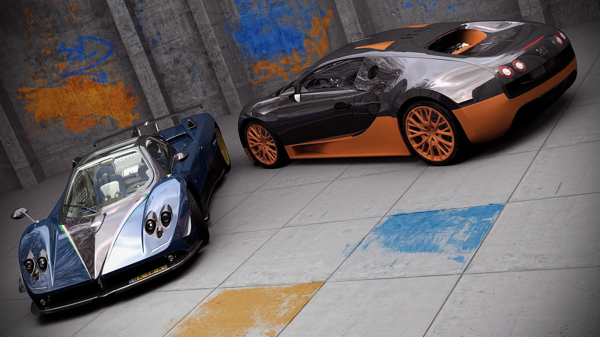 Two sports cars, a blue Pagani and a black Bugatti, parked HD Wallpaper