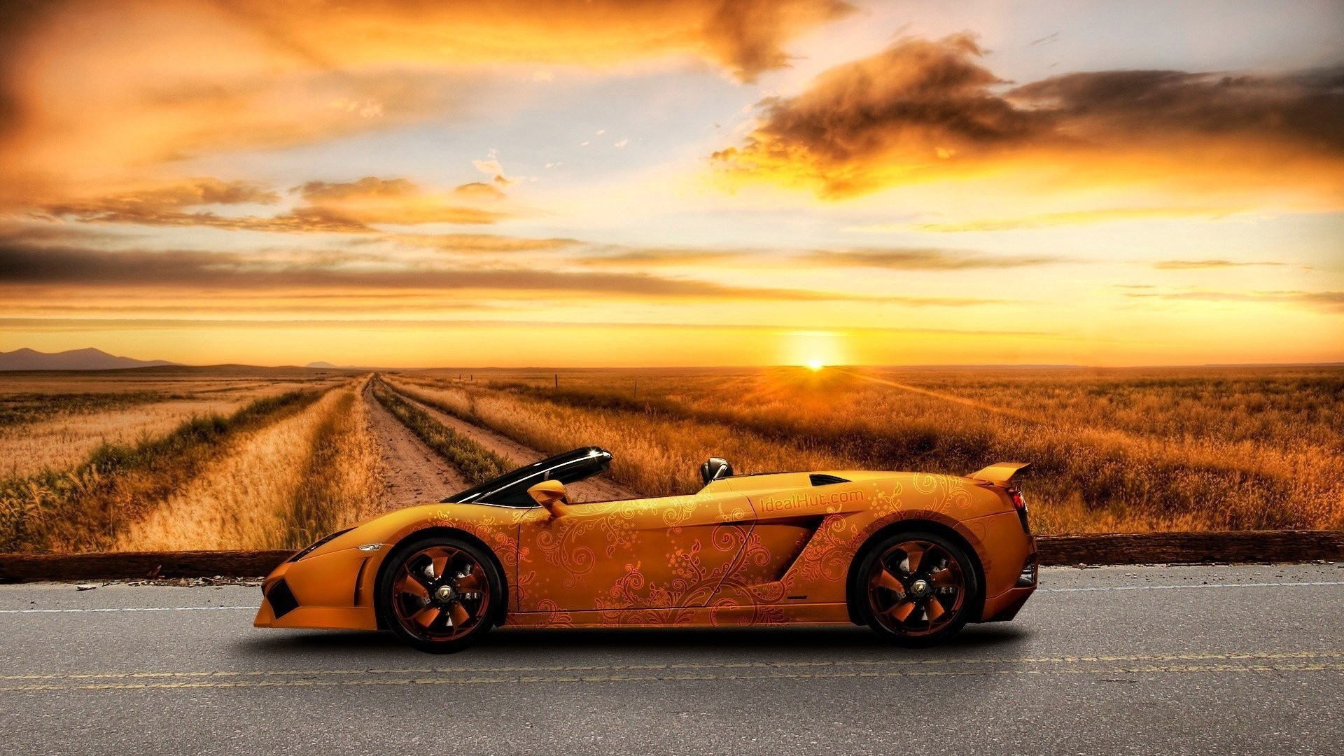 Orange Lamborghini Gallardo convertible on a road at sunset HD Wallpaper