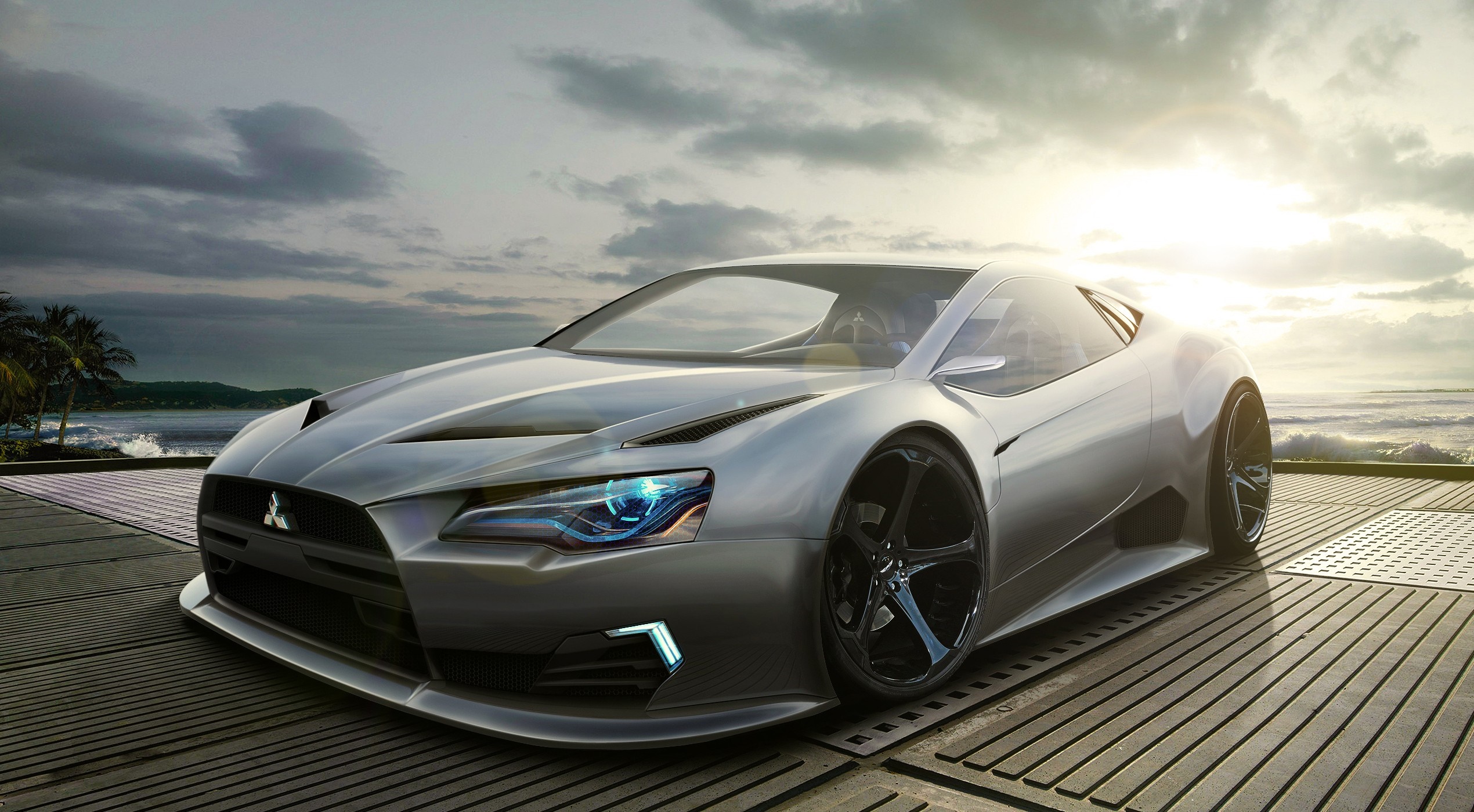 Silver Mitsubishi sports car on a deck by the ocean HD Wallpaper