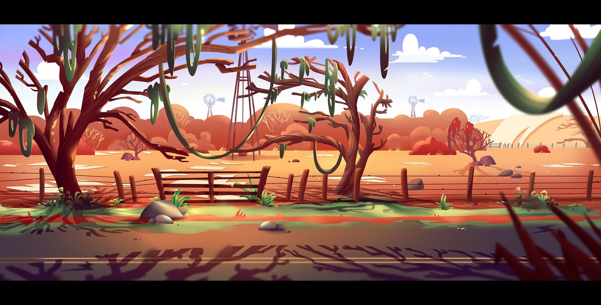 Illustration of a dry landscape with trees and windmills HD Wallpaper