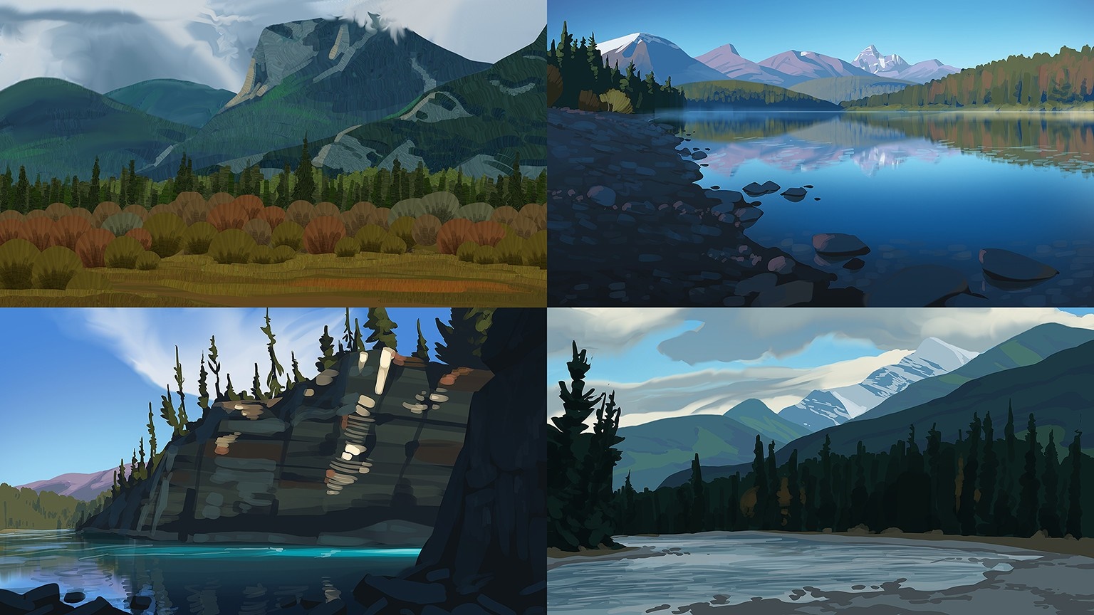 Collage of four landscape paintings of mountains and lakes HD Wallpaper