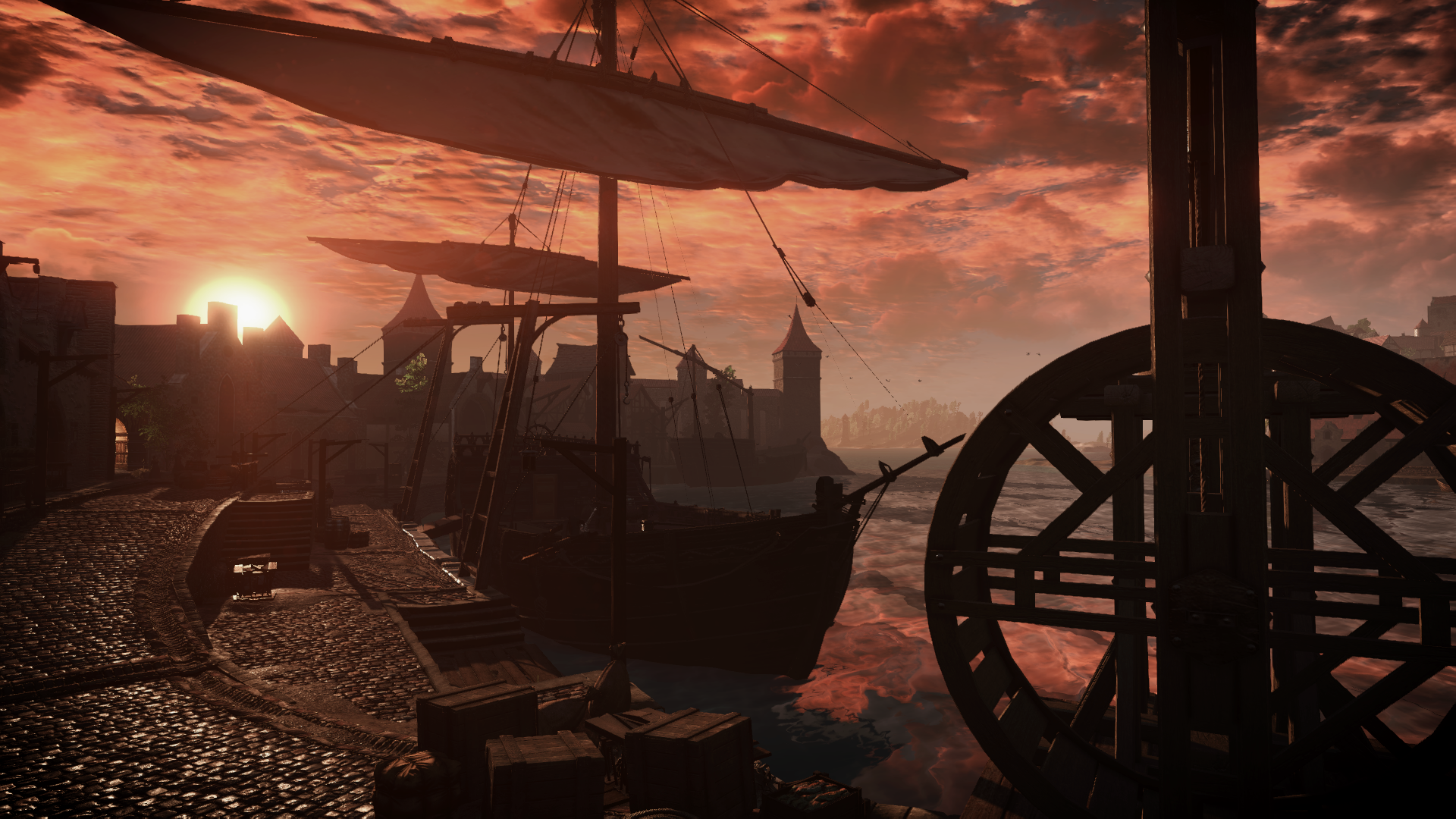 The Witcher 3: Wild Hunt screenshot of a harbor at sunset HD Wallpaper