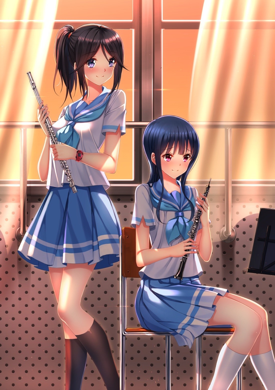 Two anime girls with musical instruments HD Wallpaper