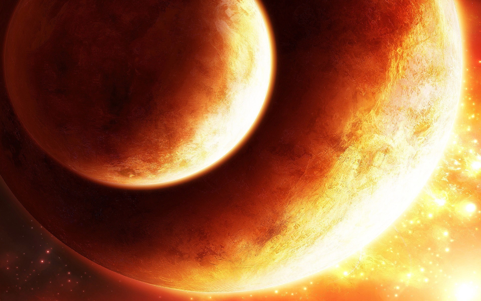 Two planets in a fiery cosmic scene HD Wallpaper