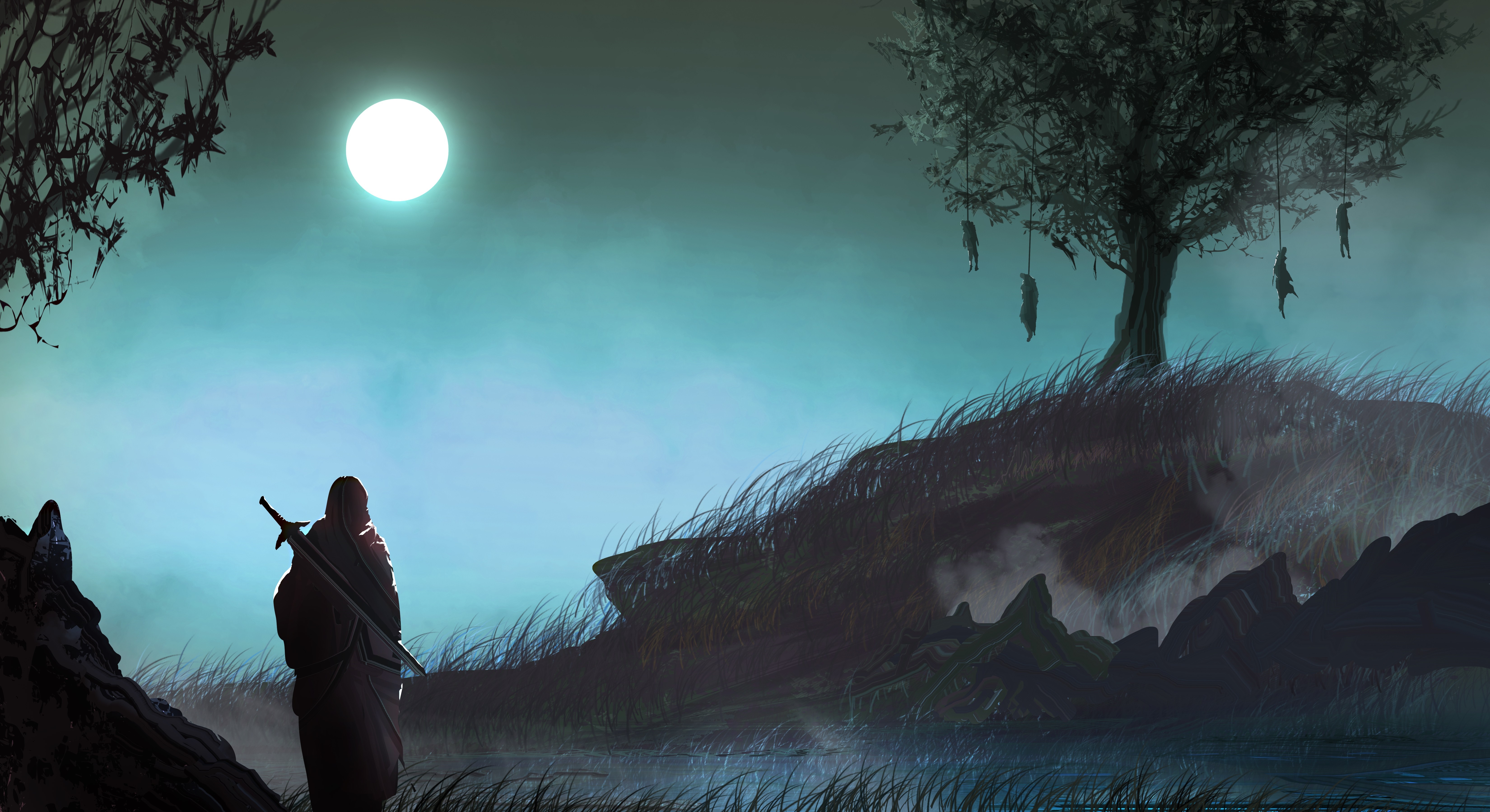 Lonely Warrior Under Moonlit Tree at Night HD Wallpaper