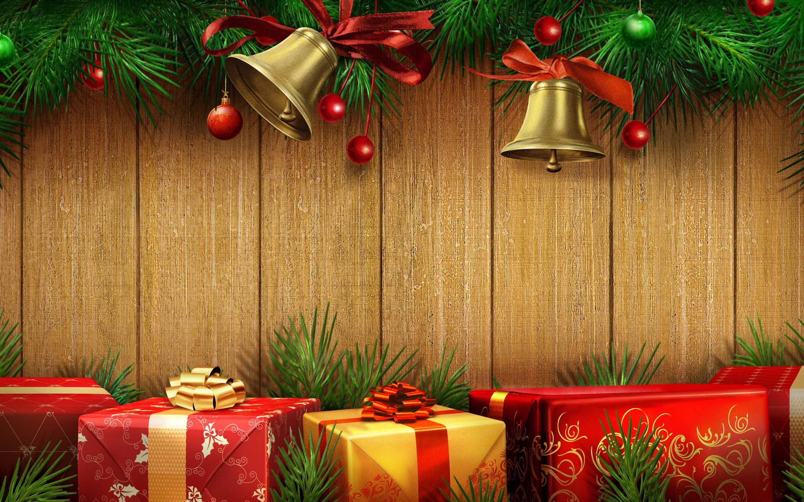 Christmas presents and decorations on wooden background HD Wallpaper