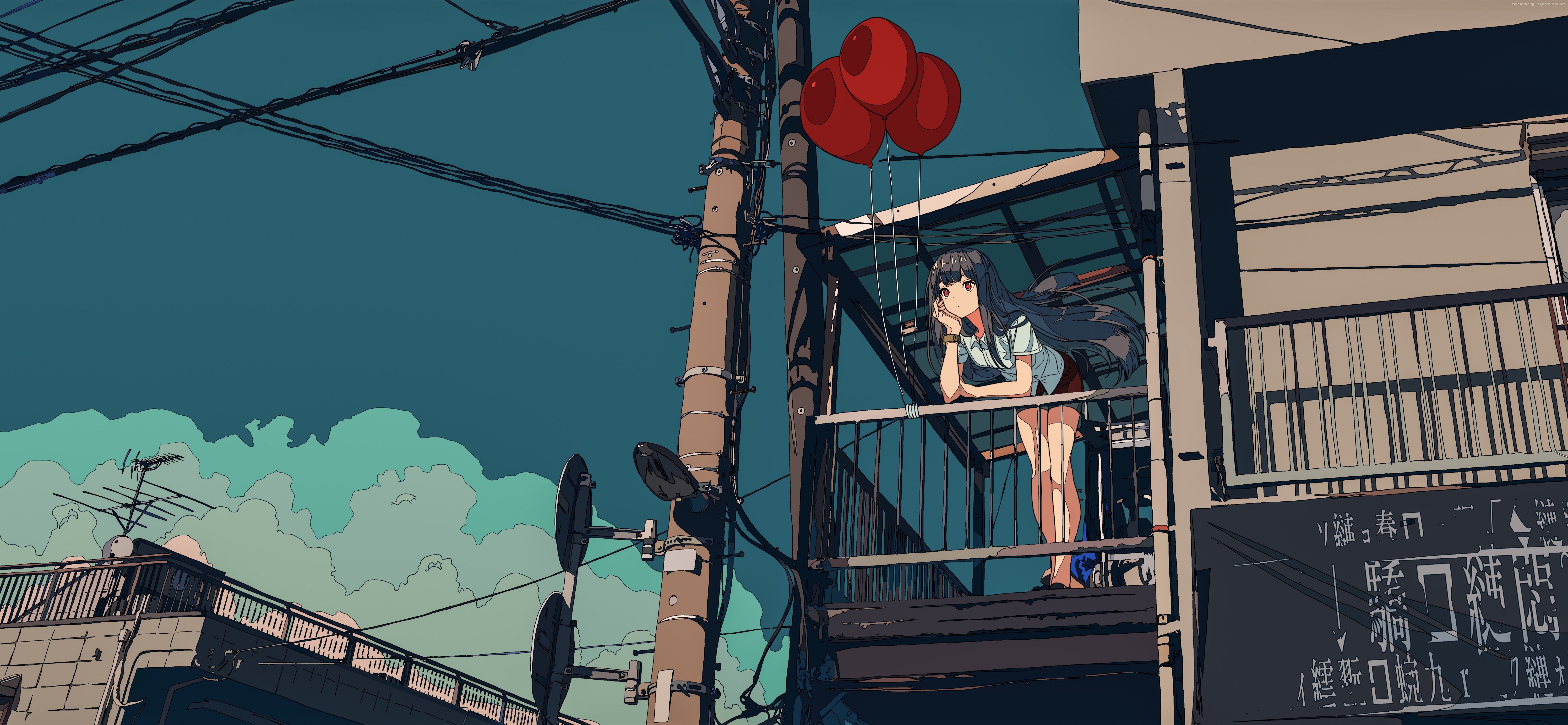 Girl with Balloons on Balcony near Telephone Pole 4K HD Wallpaper