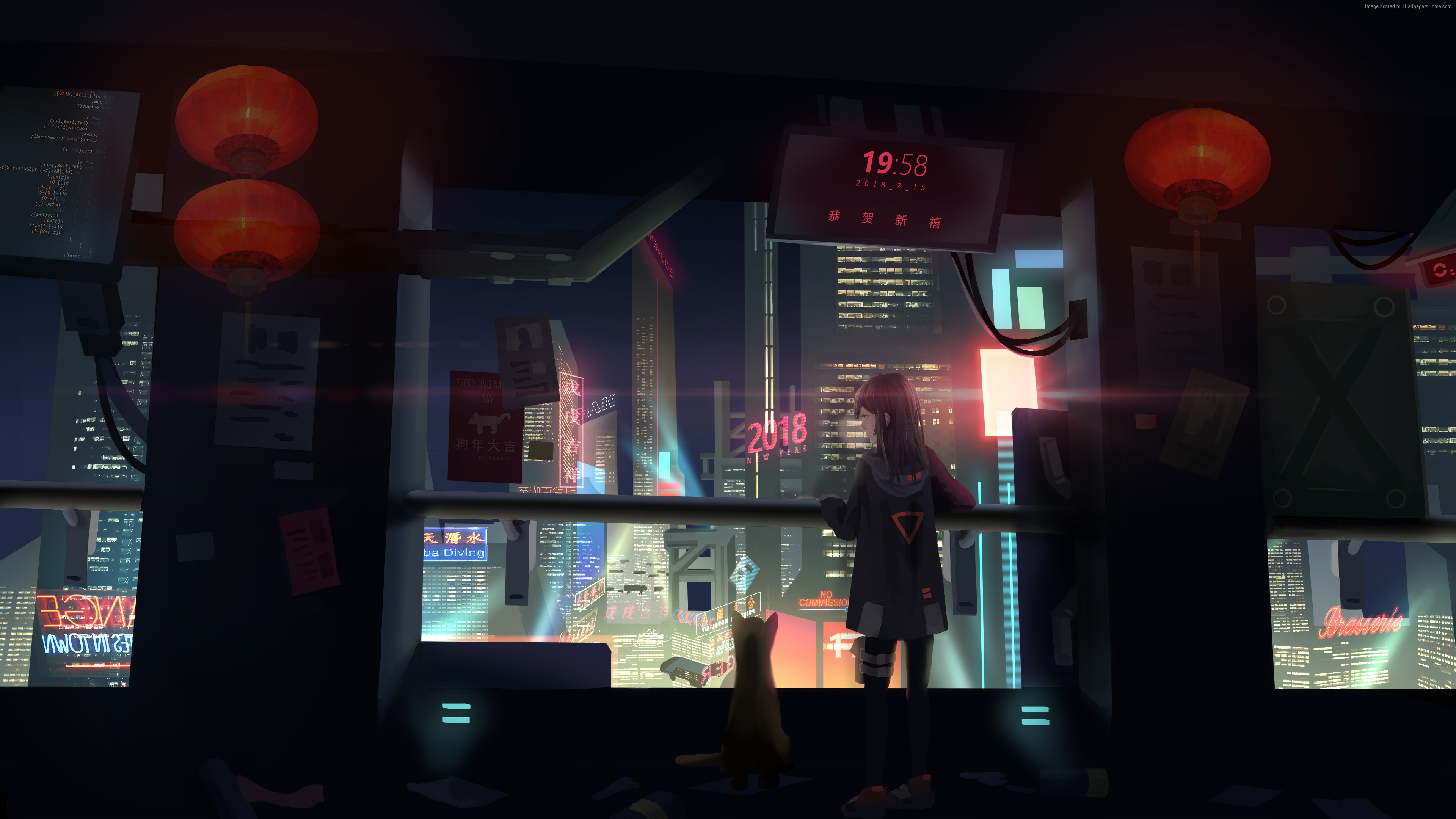 Cyberpunk Girl and Cat Overlooking City HD Wallpaper