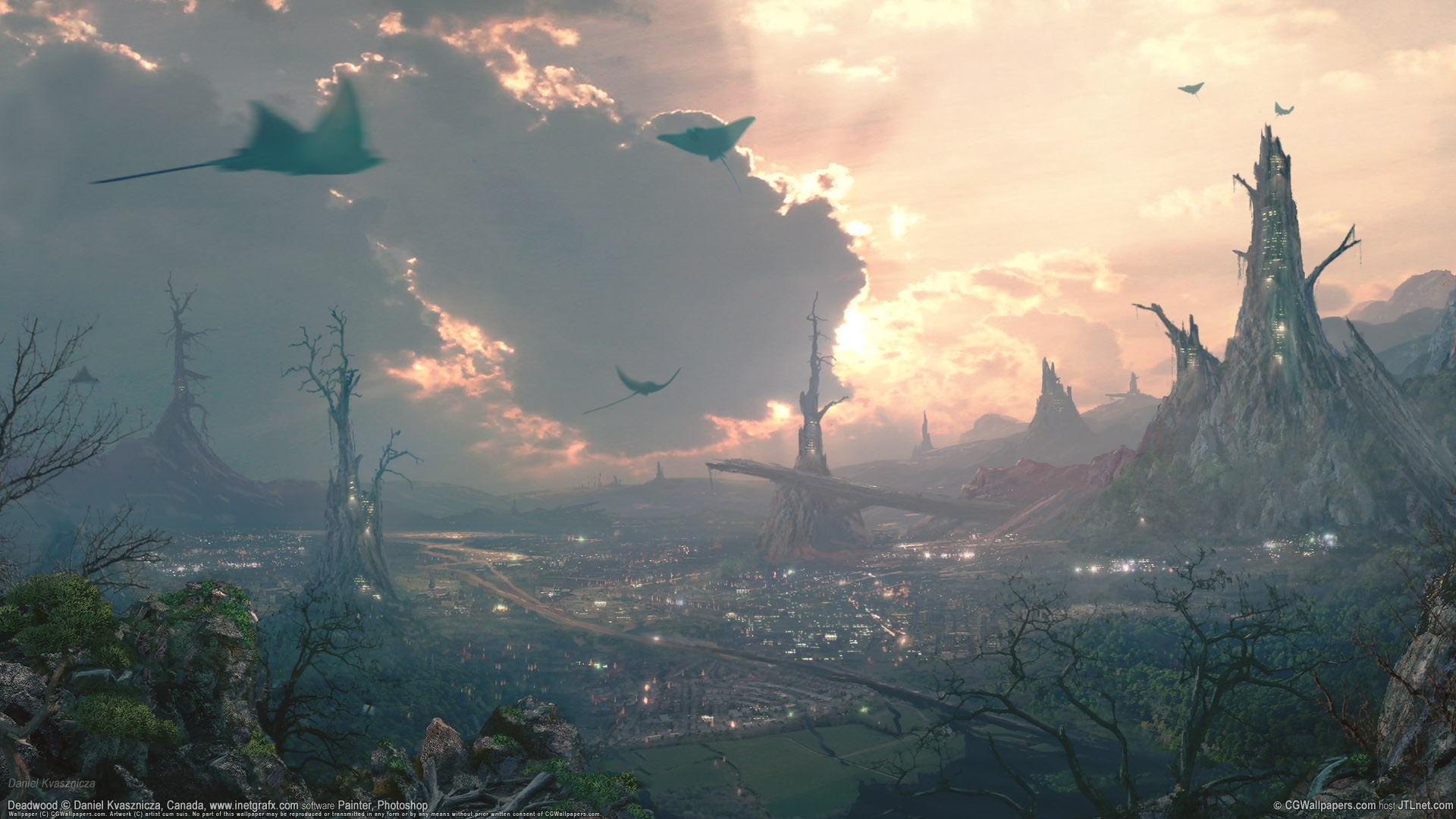Fantasy landscape with alien trees and flying creatures HD Wallpaper