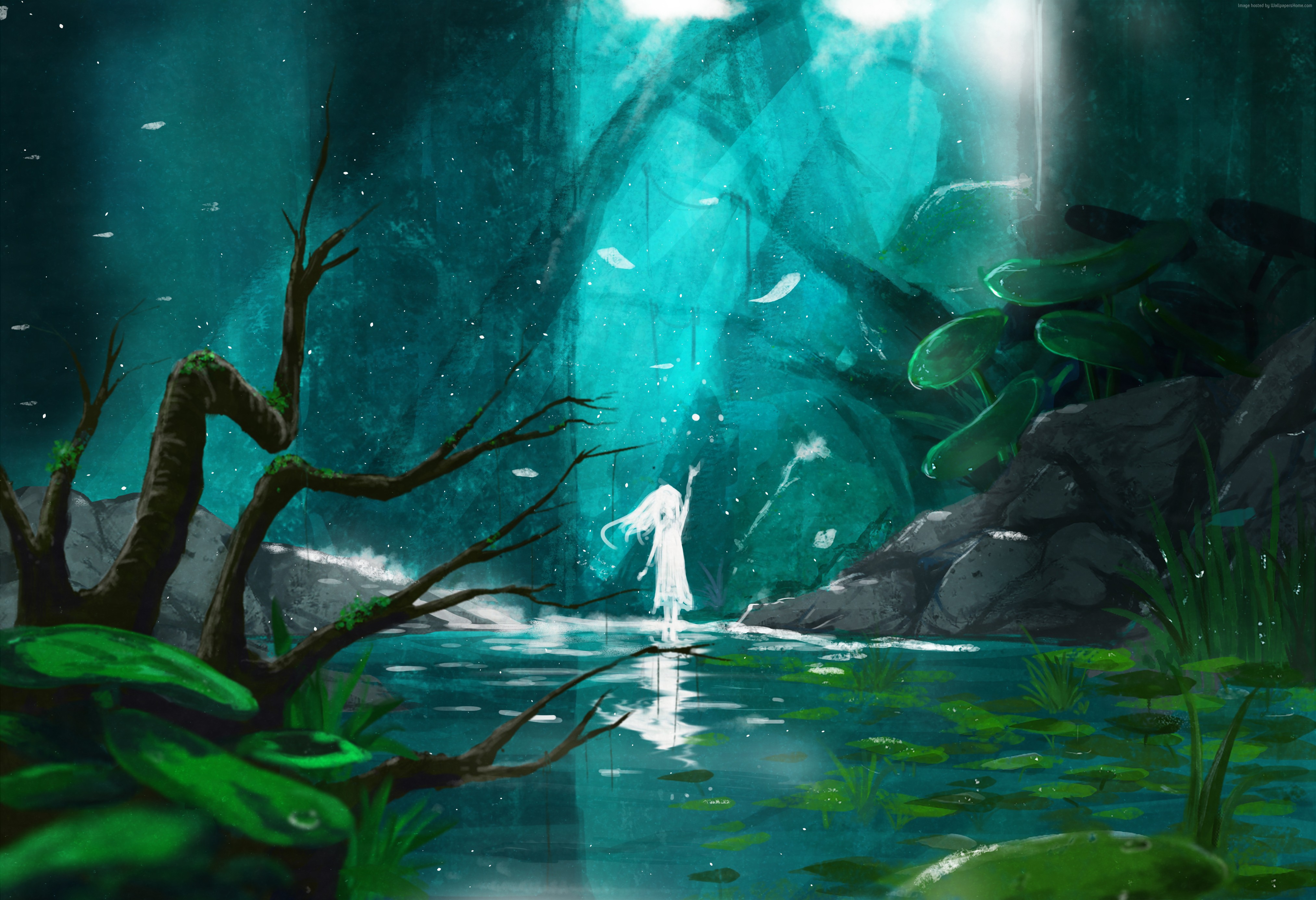 Girl in a fantasy forest with light rays HD Wallpaper
