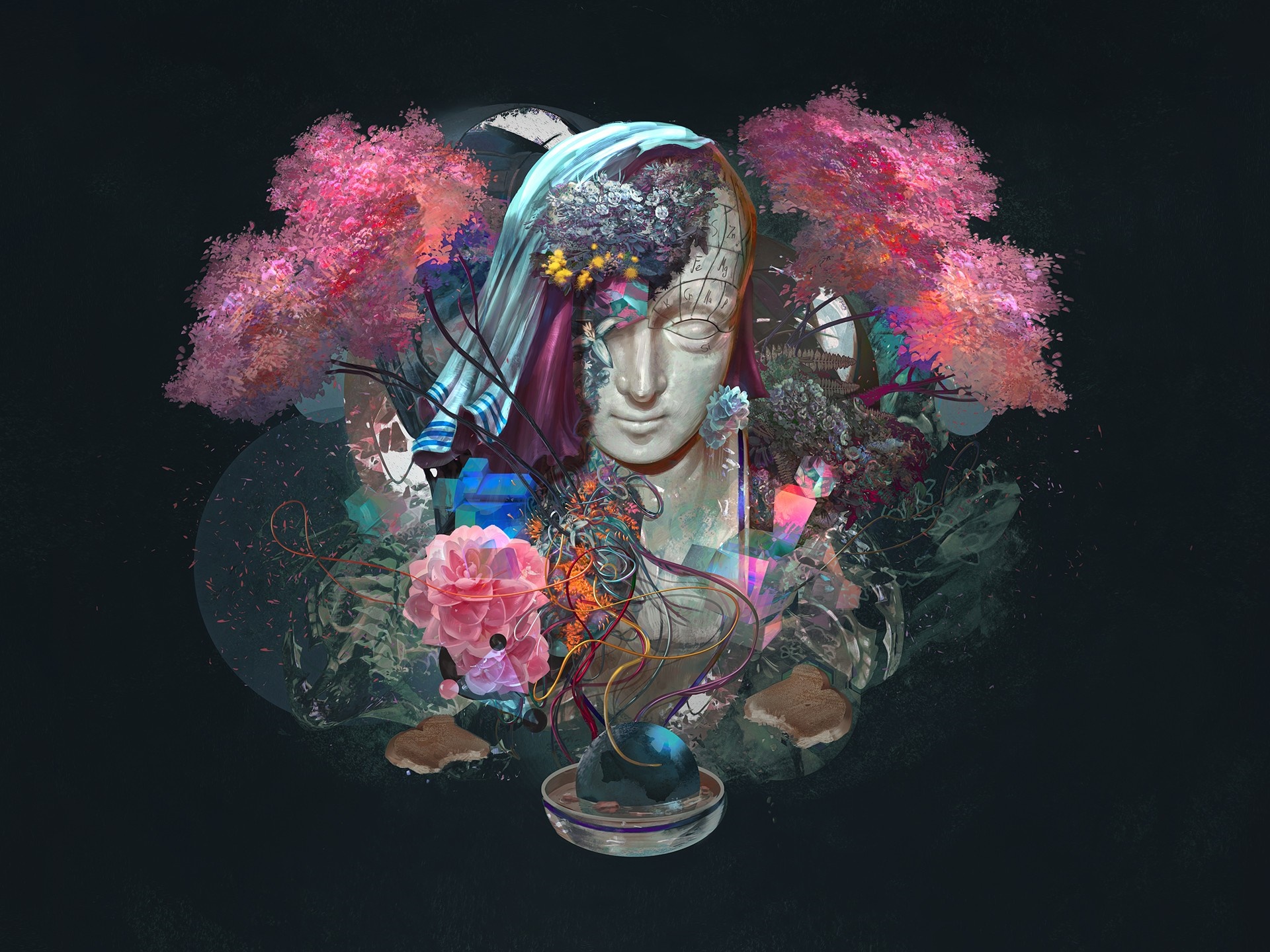 Surreal digital art with statue and pink trees HD Wallpaper