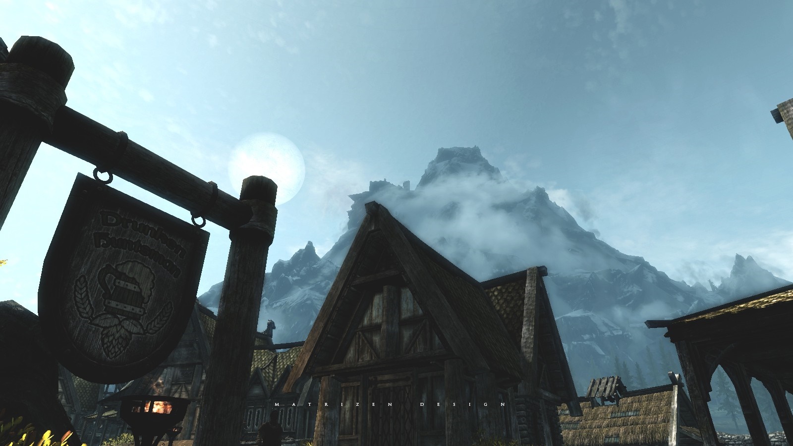 The Elder Scrolls V Skyrim village with mountains HD Wallpaper