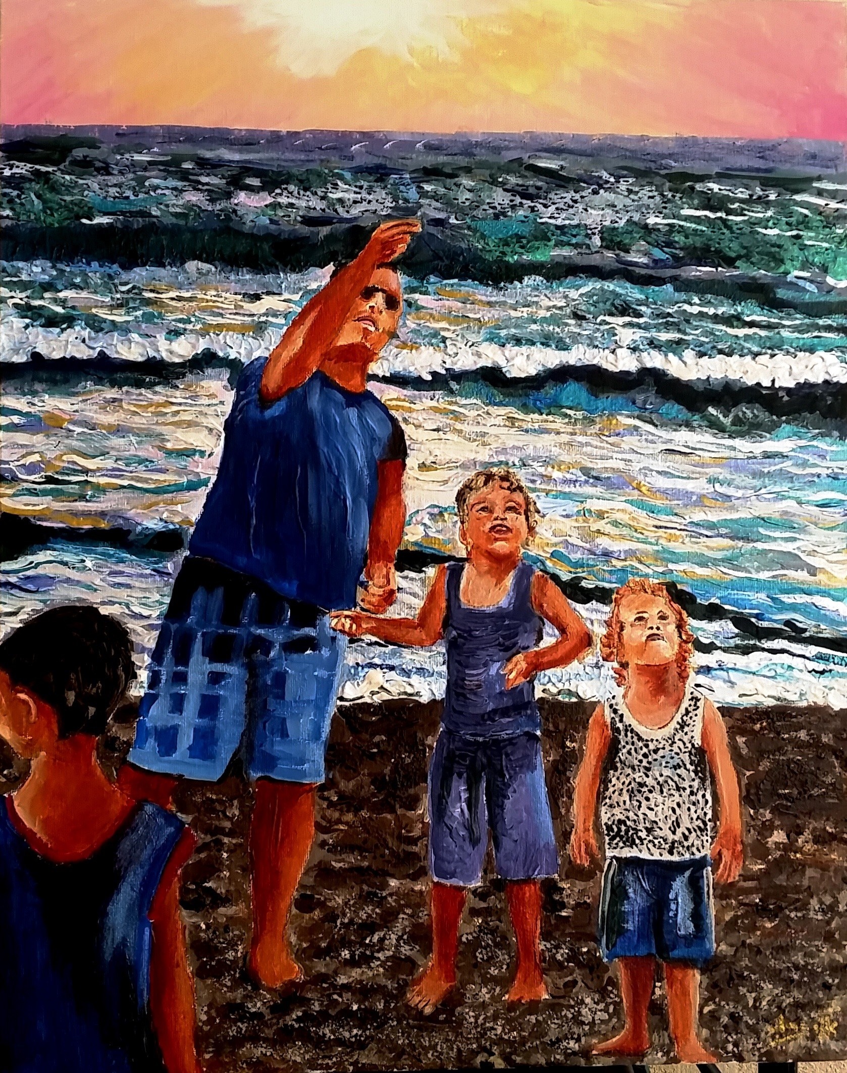 Family on the beach at sunset HD Wallpaper