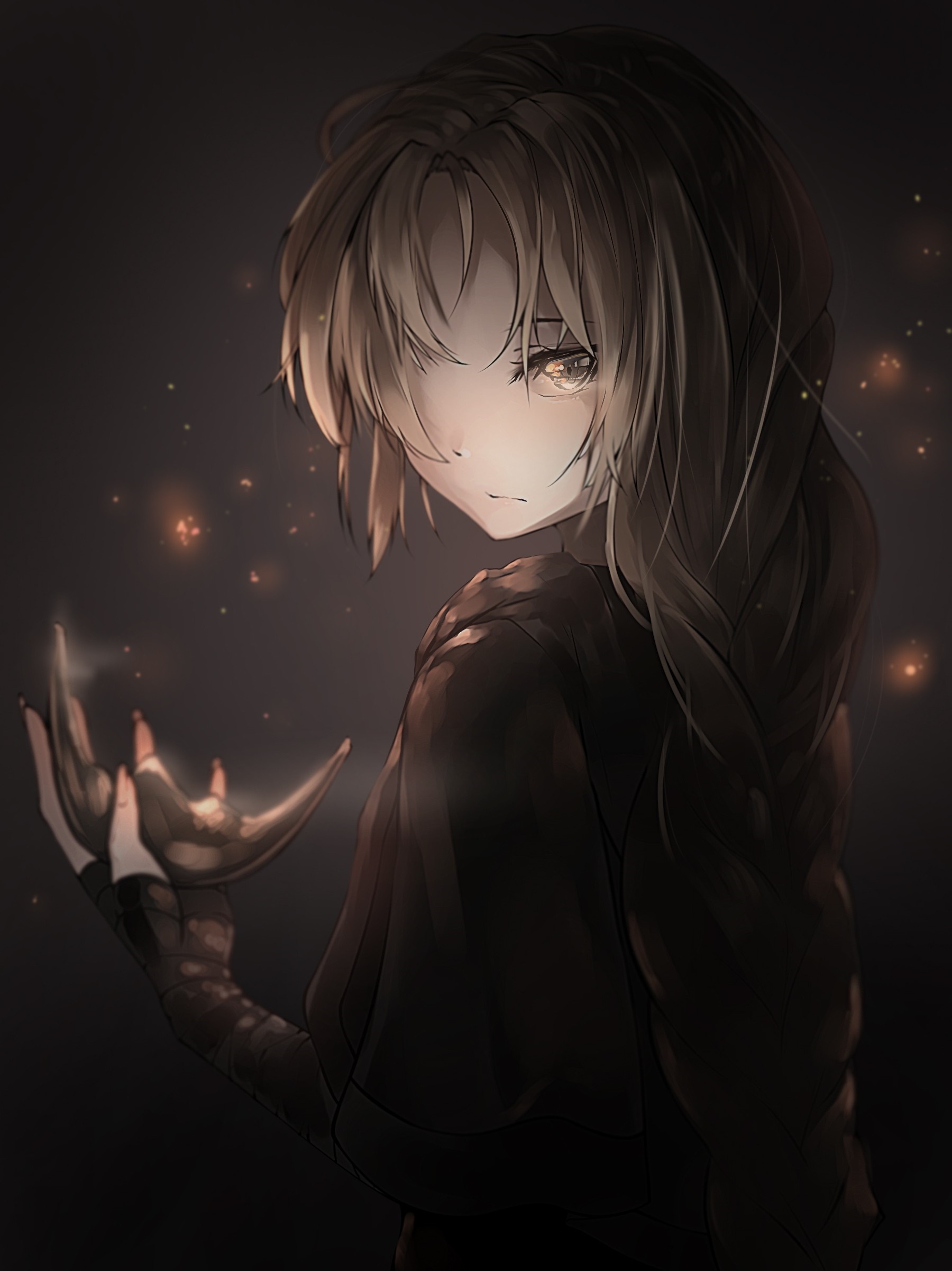 Anime girl with glowing object in hand HD Wallpaper