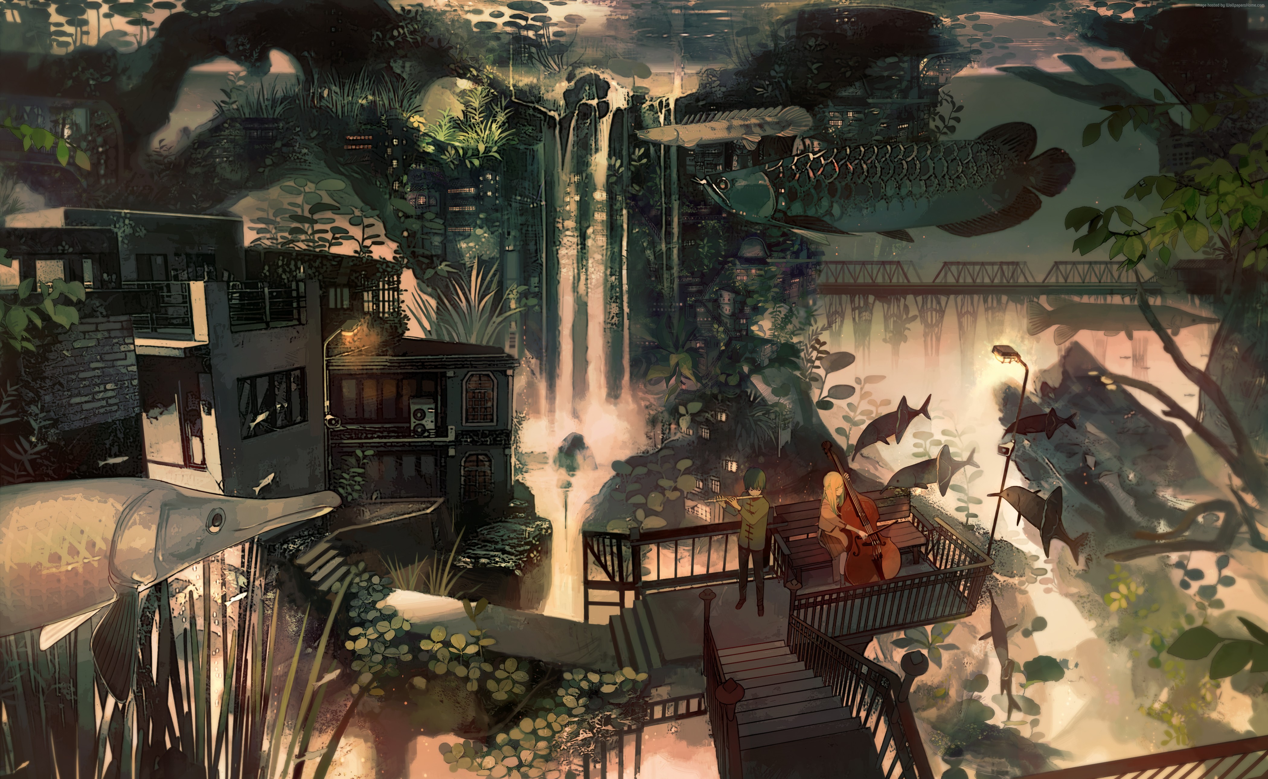 Fish and Musicians by Waterfall in 4K HD Wallpaper