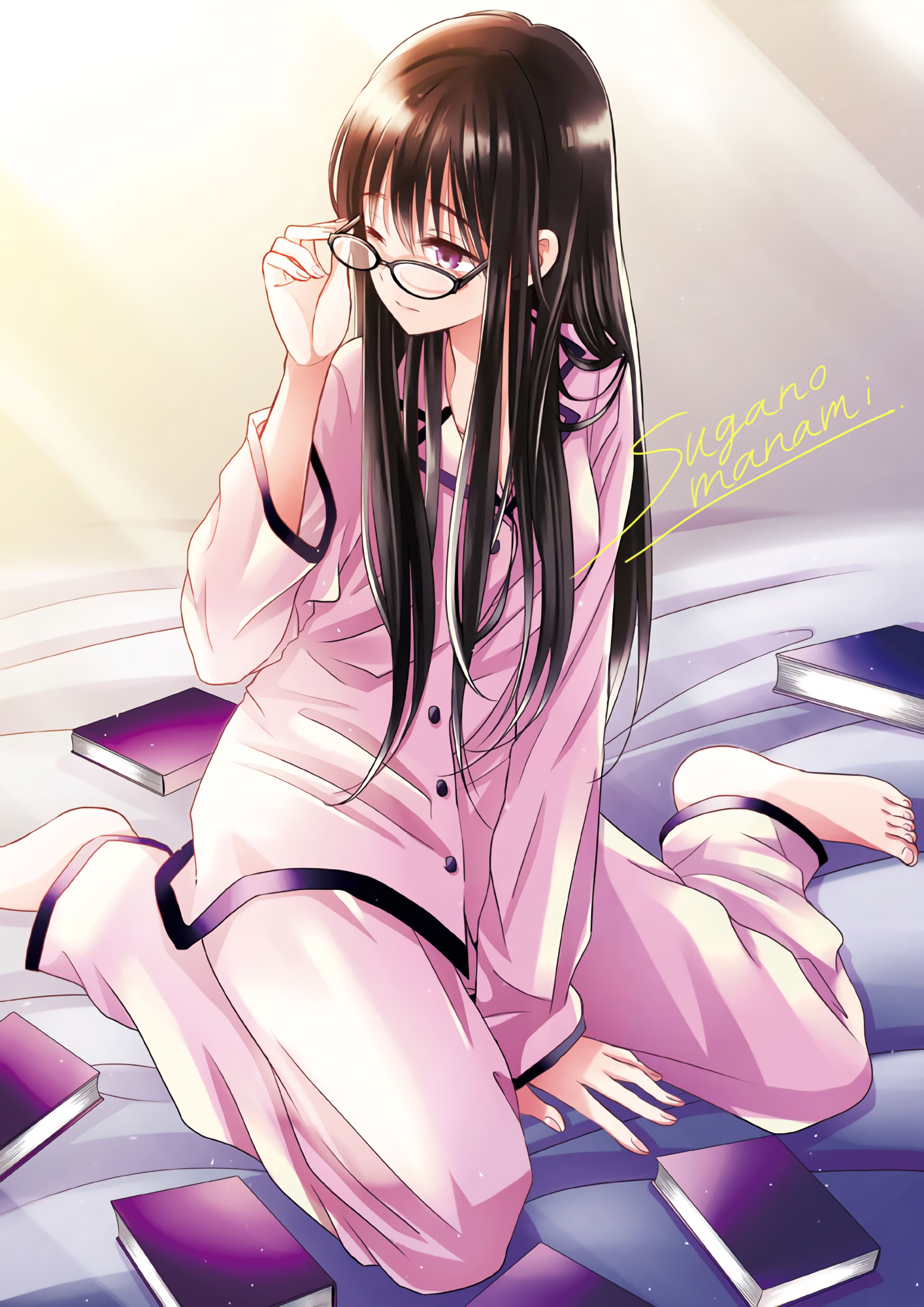 Sugano Manami with glasses and books HD Wallpaper